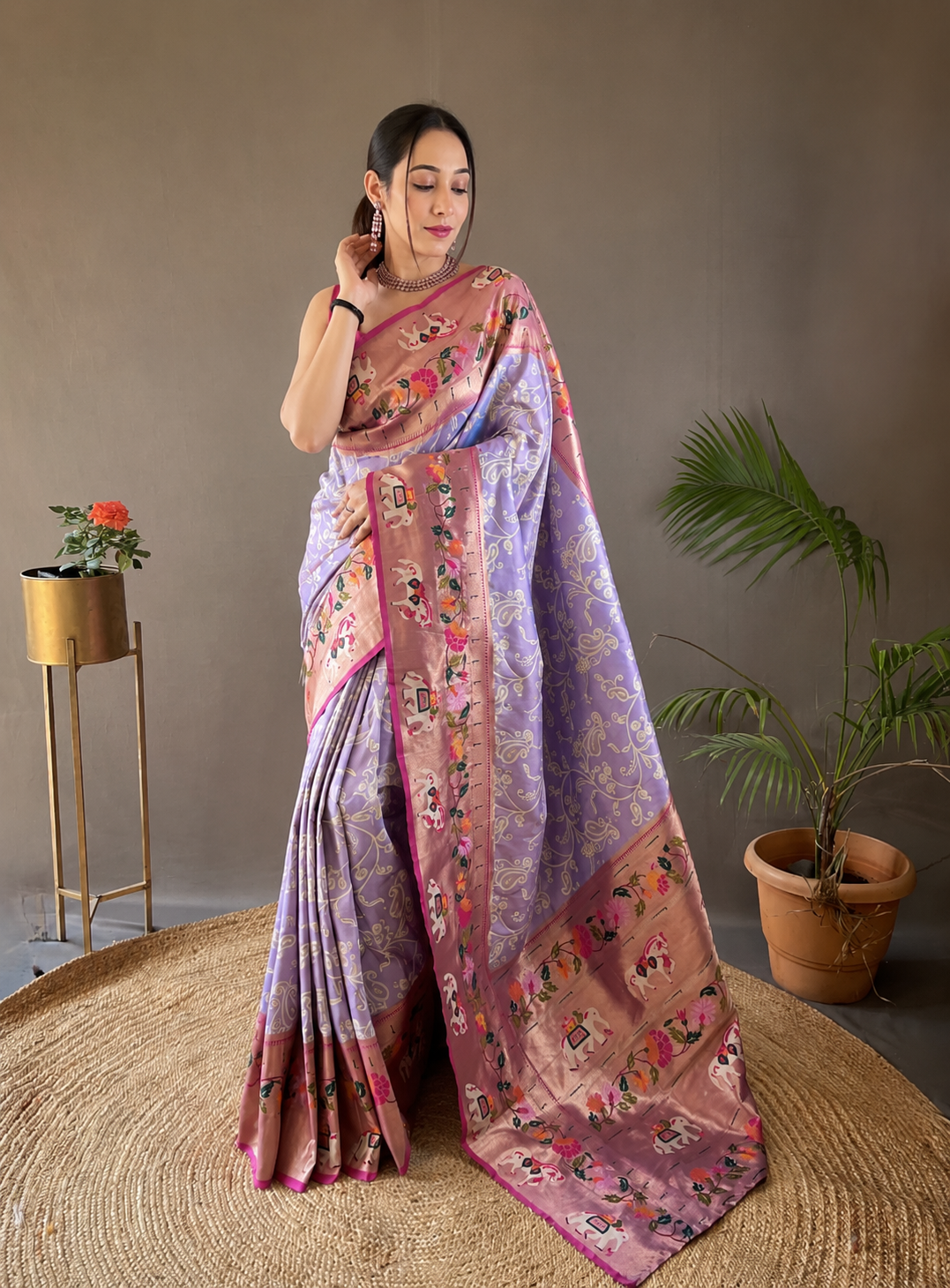 Lavender Bloom Lucknowi Weaving Saree with Paithani Patola Fusion & Golden Zari Meenakari Pallu