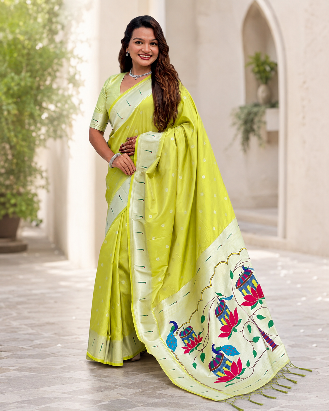 Lime Lotus Peacock Paithani Silk Saree with Silver Zari Meenakari Pallu