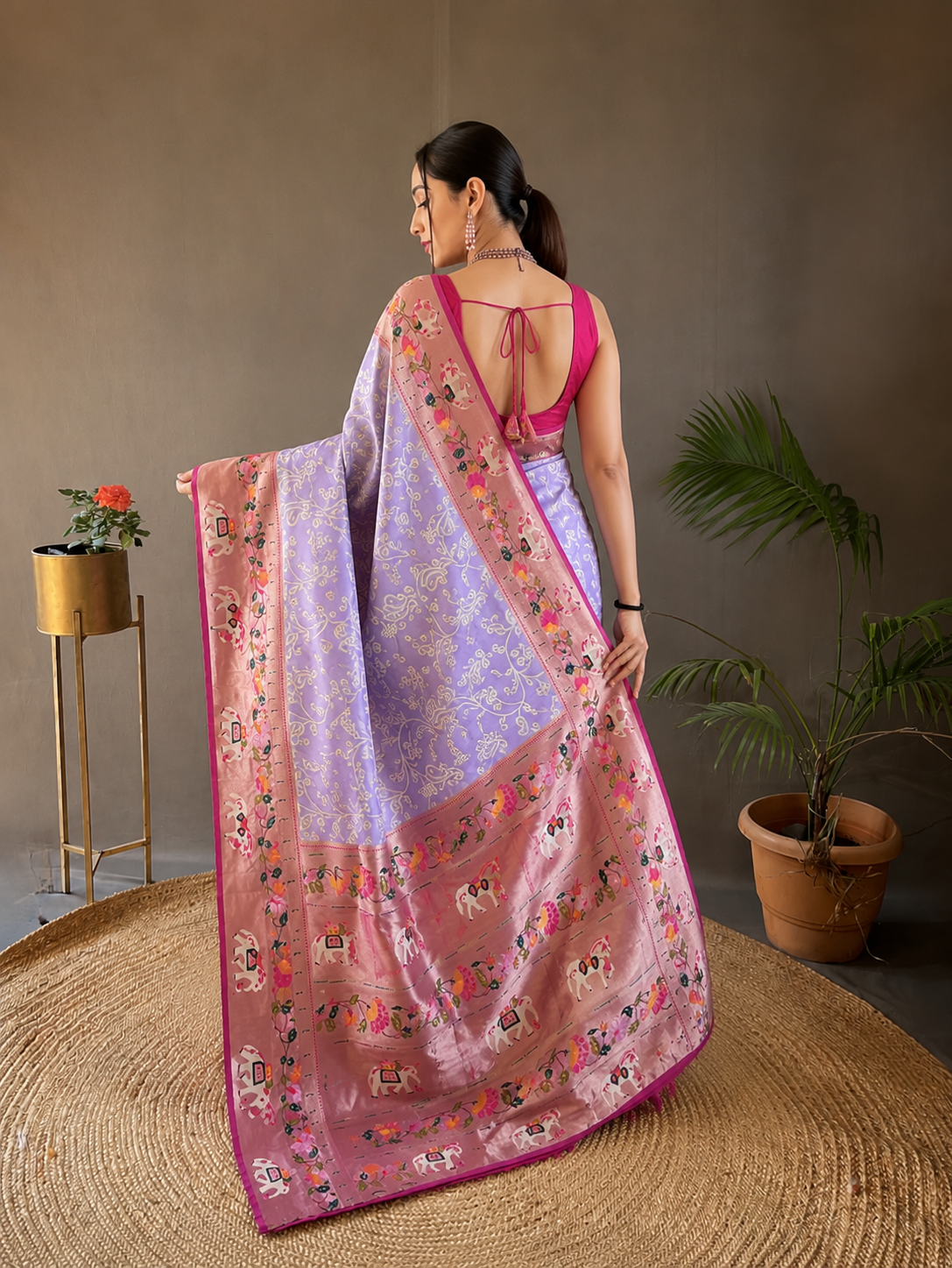 Lavender Bloom Lucknowi Weaving Saree with Paithani Patola Fusion & Golden Zari Meenakari Pallu