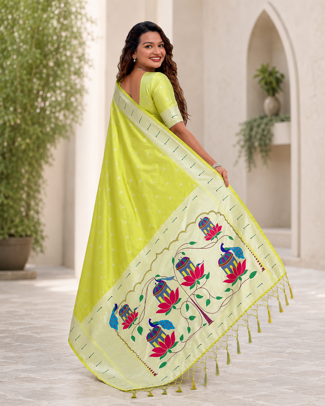Lime Lotus Peacock Paithani Silk Saree with Silver Zari Meenakari Pallu
