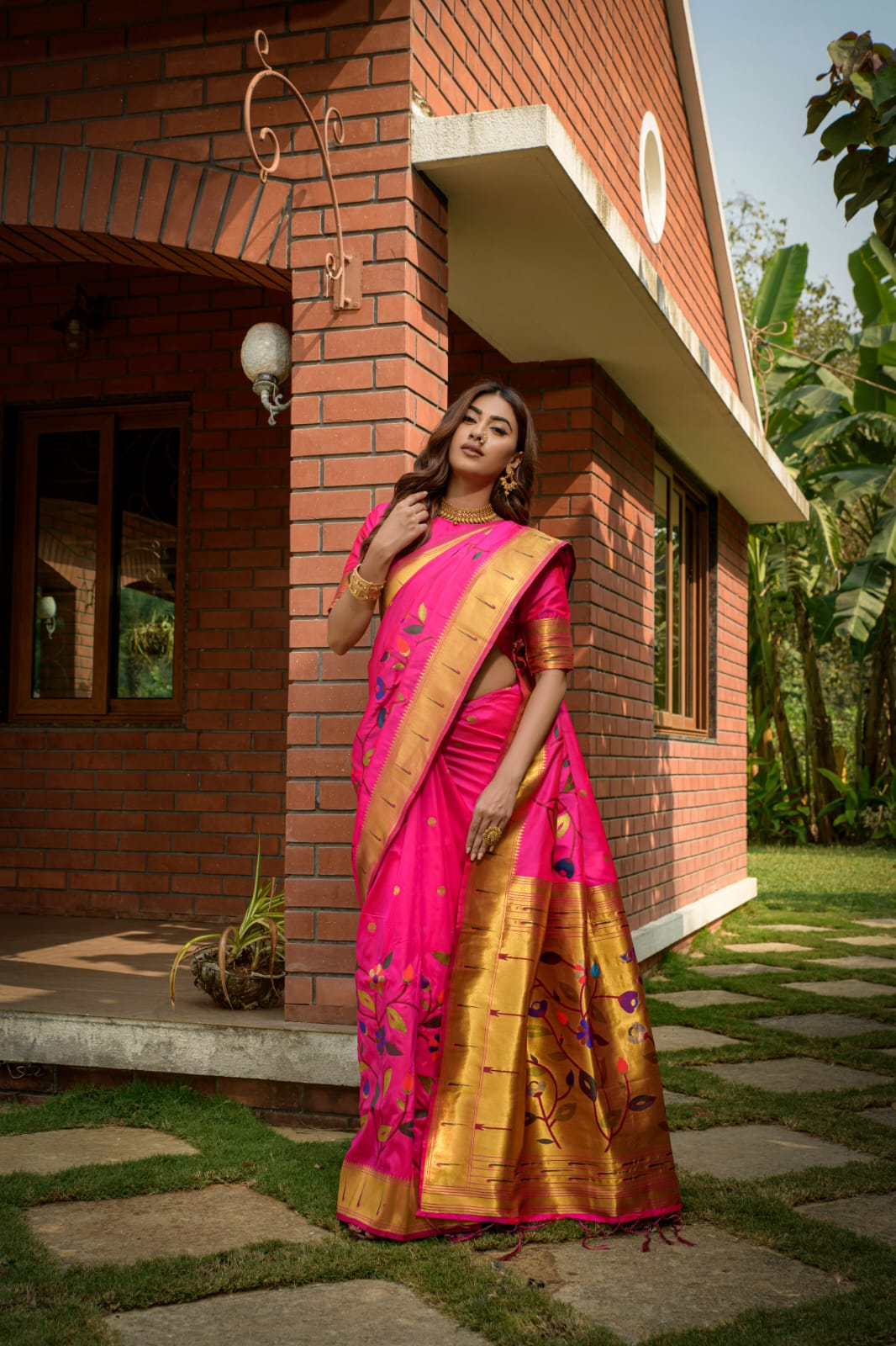 Rose Radiance Paithani - Pure Handloom Soft Silk Saree with Gold Zari