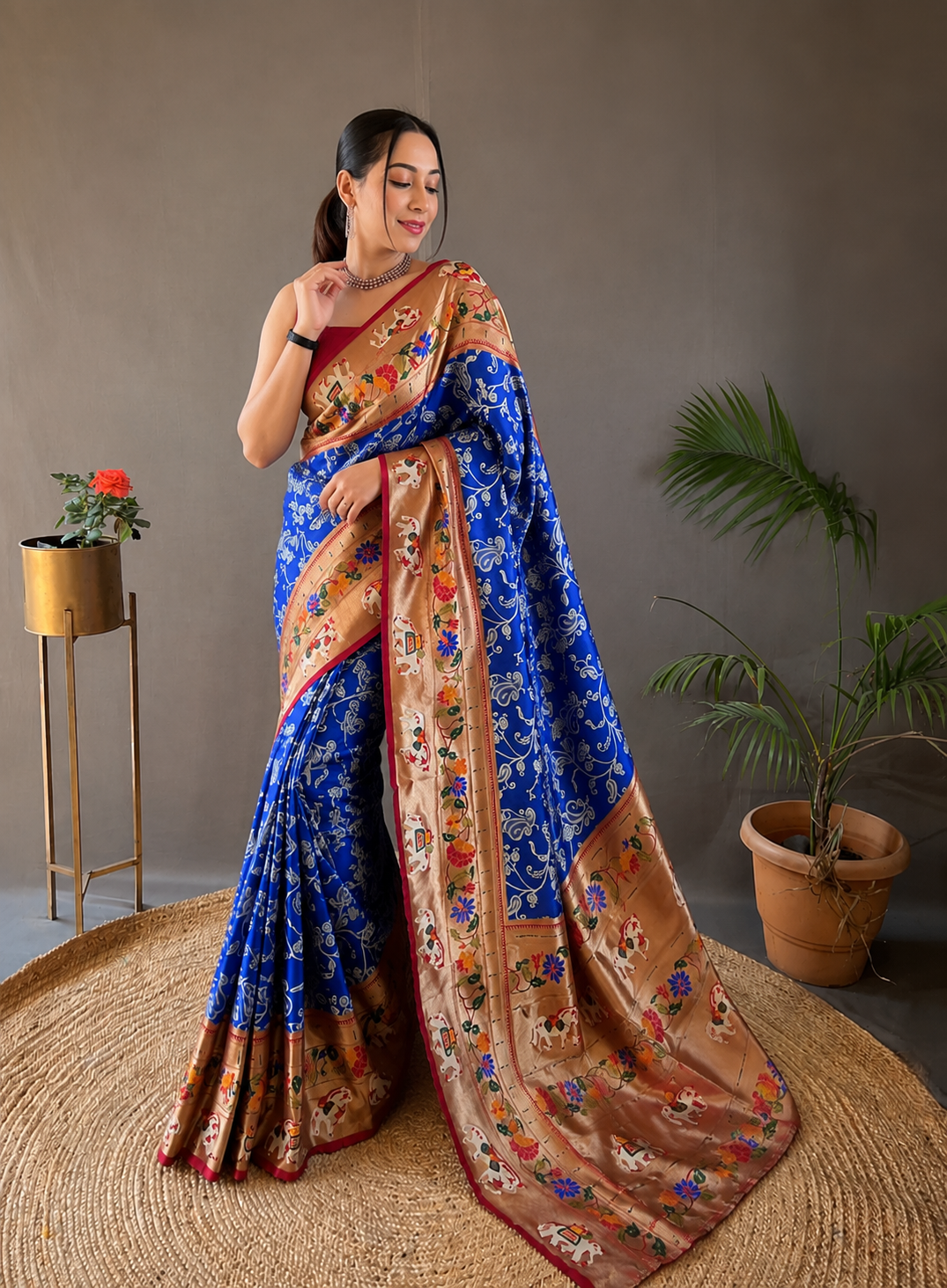 Royal Blue Lucknowi Weaving Saree with Paithani Patola Fusion & Golden Zari Meenakari Pallu