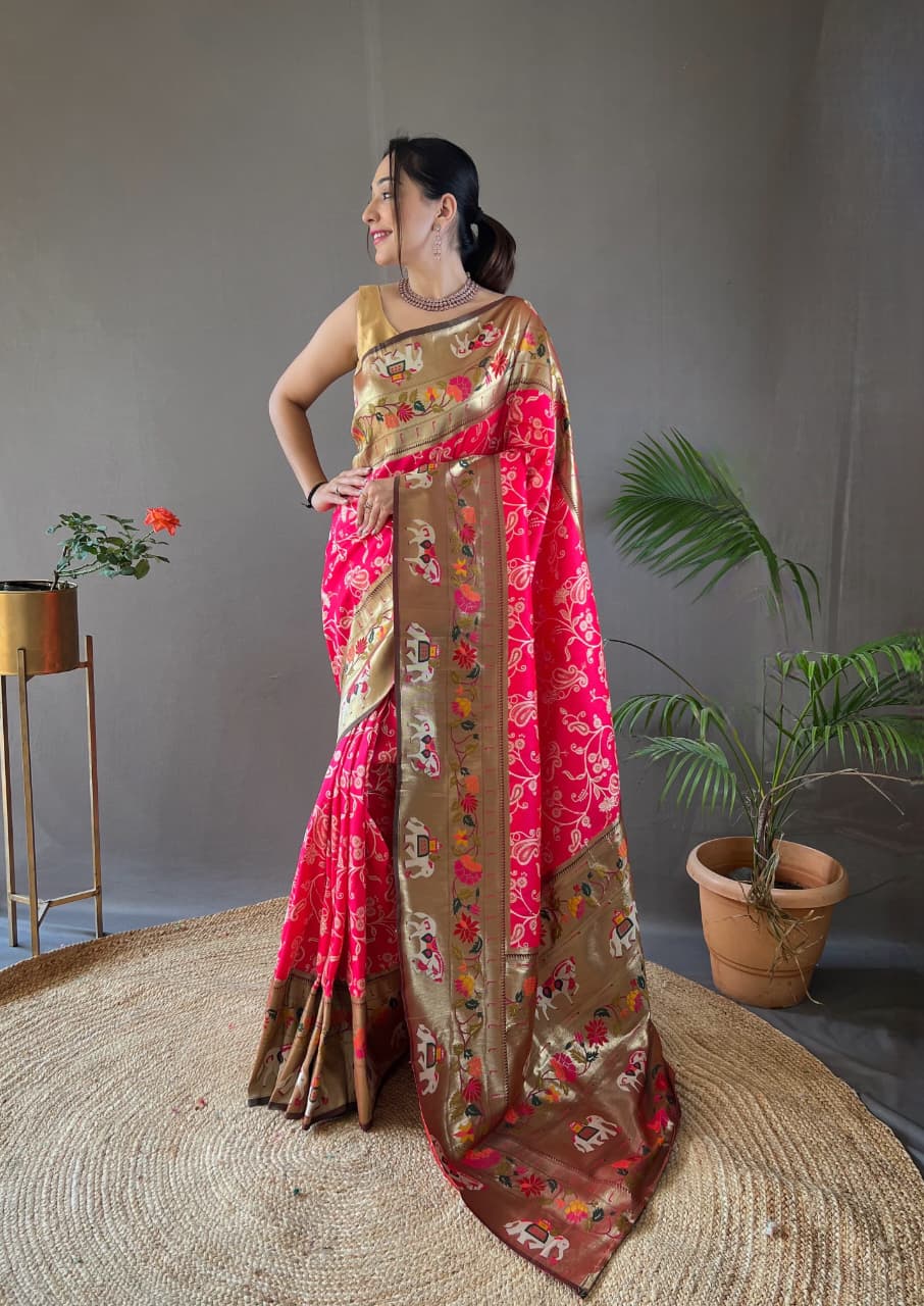 Rani Pink Lucknowi Weaving Saree with Paithani Patola Fusion & Golden Zari Meenakari Pallu