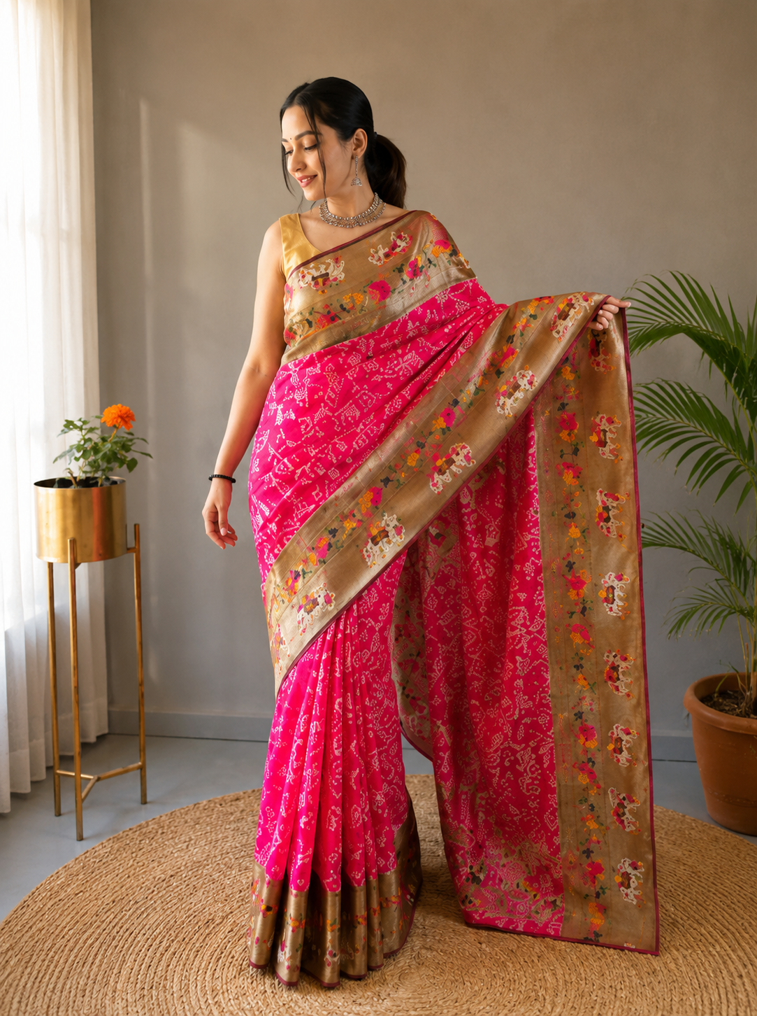 Rani Pink Lucknowi Weaving Saree with Paithani Patola Fusion & Golden Zari Meenakari Pallu