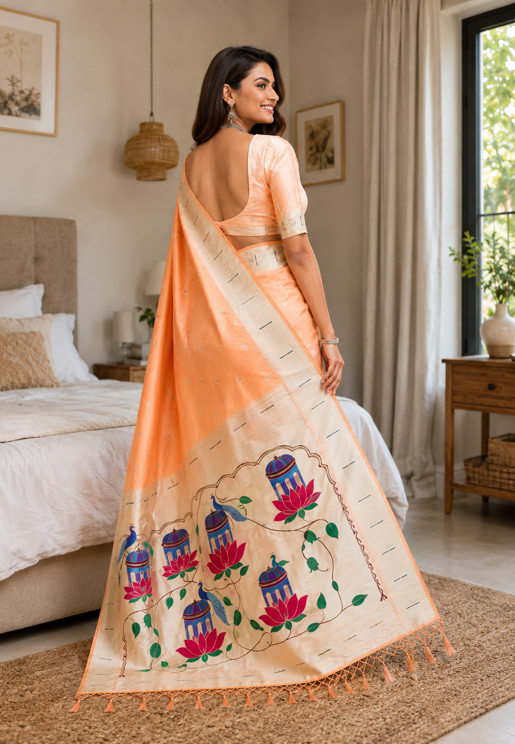 Peach Lotus Peacock Paithani Silk Saree with Silver Zari Meenakari Pallu