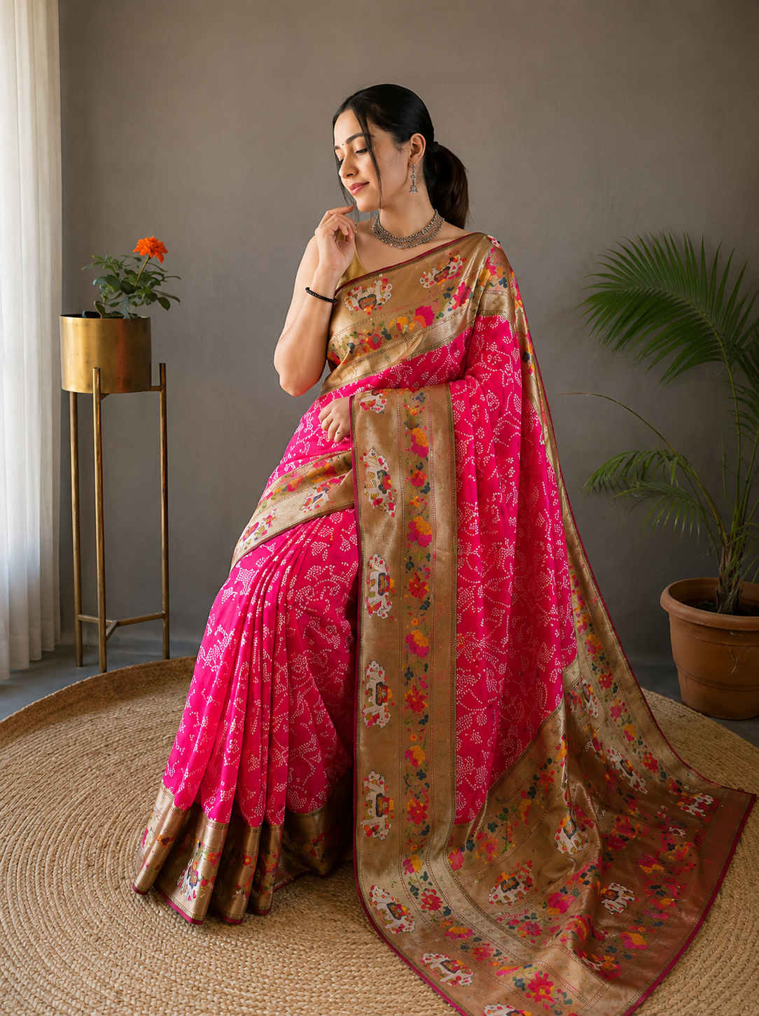 Rani Pink Lucknowi Weaving Saree with Paithani Patola Fusion & Golden Zari Meenakari Pallu