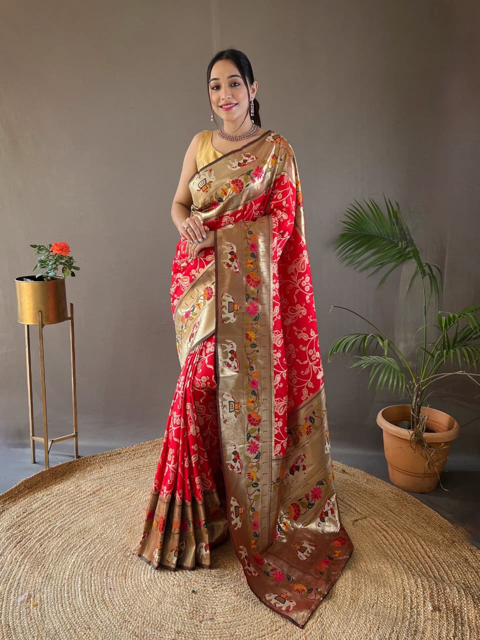 Ruby Red Lucknowi Weaving Saree with Paithani Patola Fusion & Golden Zari Meenakari Pallu