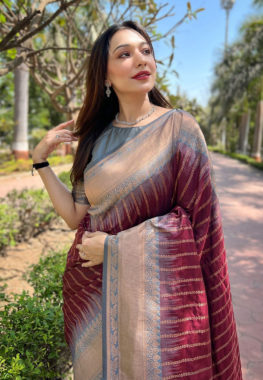 Wine Maroon Soft Silk Saree with Beige-Grey Zari Woven Contrast Pallu