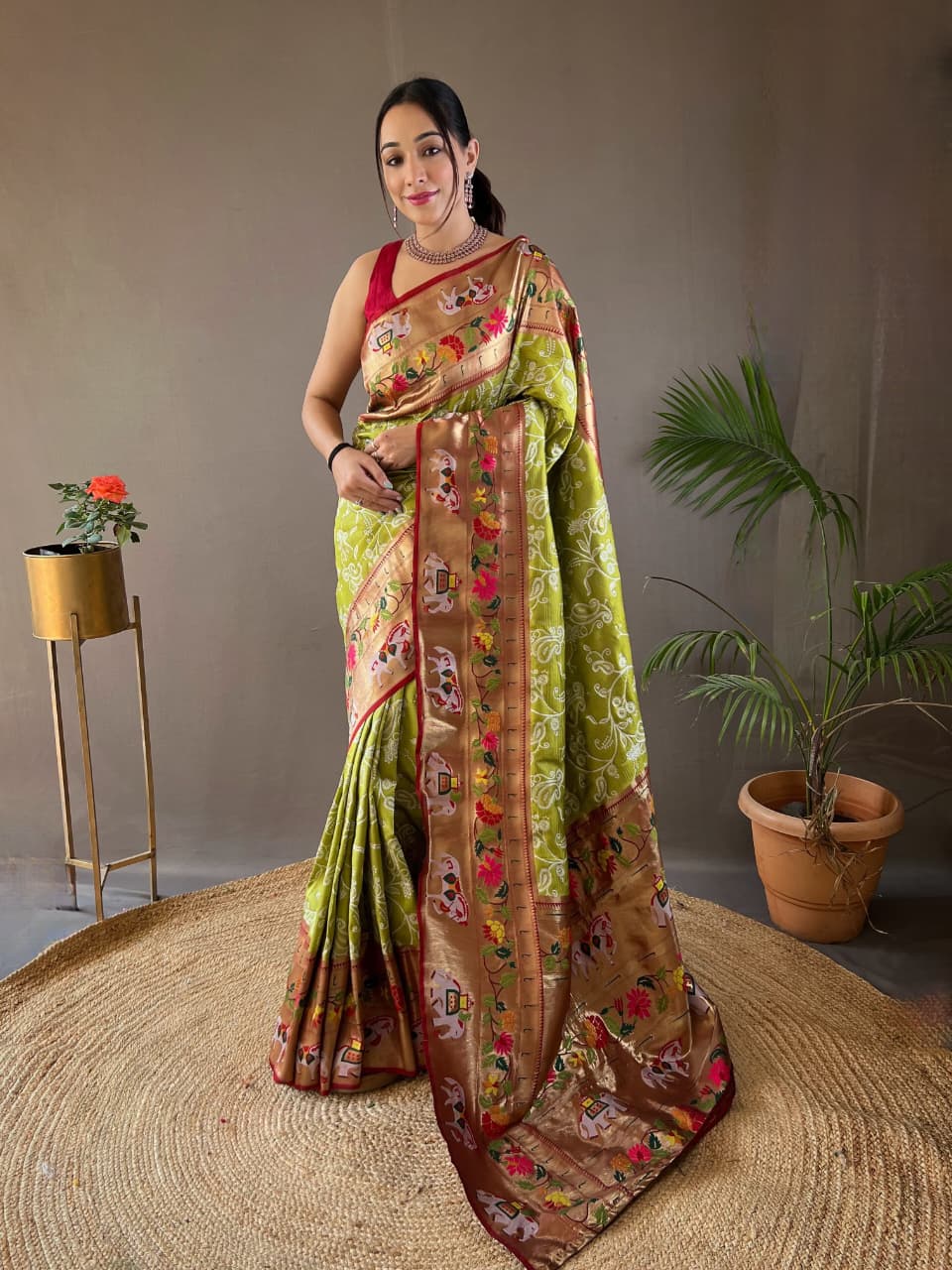 Olive Green Lucknowi Weaving Saree with Paithani Patola Fusion & Golden Zari Meenakari Pallu