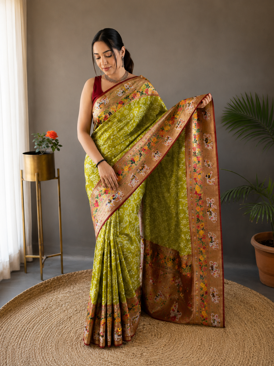 Olive Green Lucknowi Weaving Saree with Paithani Patola Fusion & Golden Zari Meenakari Pallu