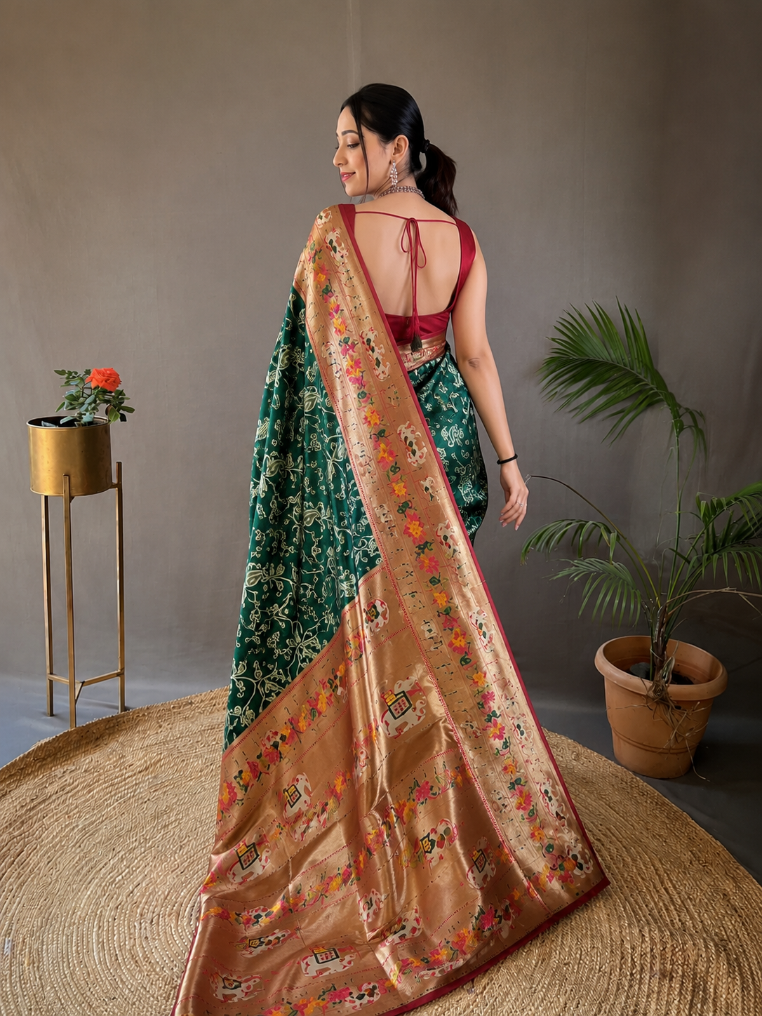 Emerald Green Lucknowi Weaving Saree with Paithani Patola Fusion & Golden Zari Meenakari Pallu