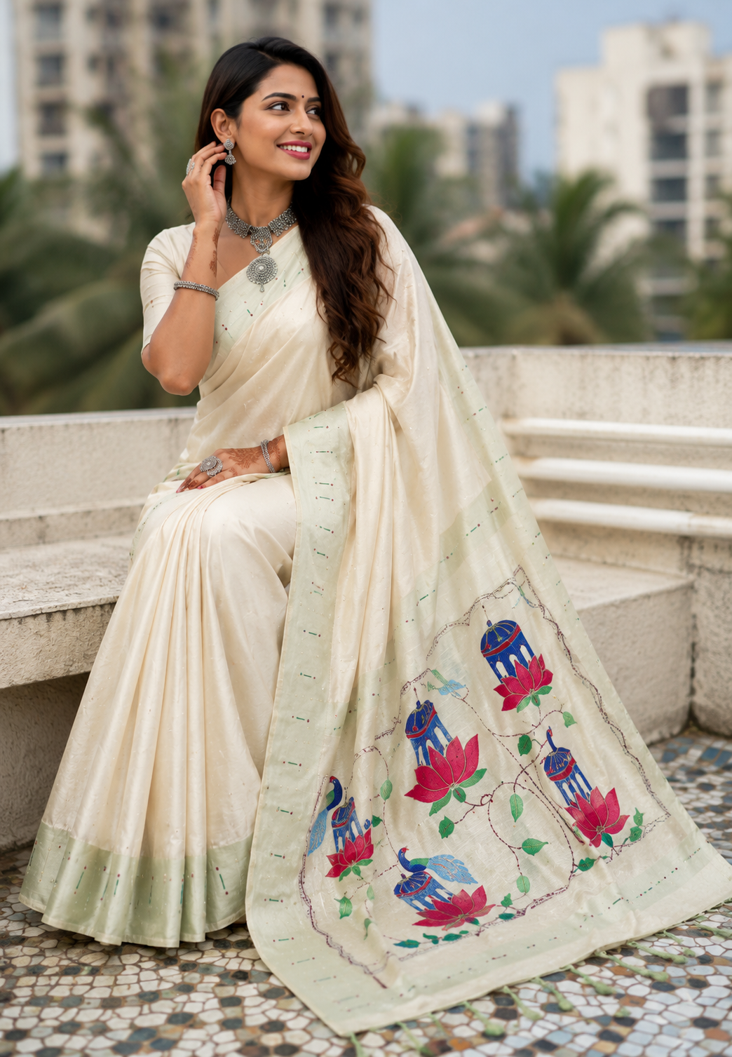 Pearl Ivory Lotus Peacock Paithani Silk Saree with Silver Zari Meenakari Pallu