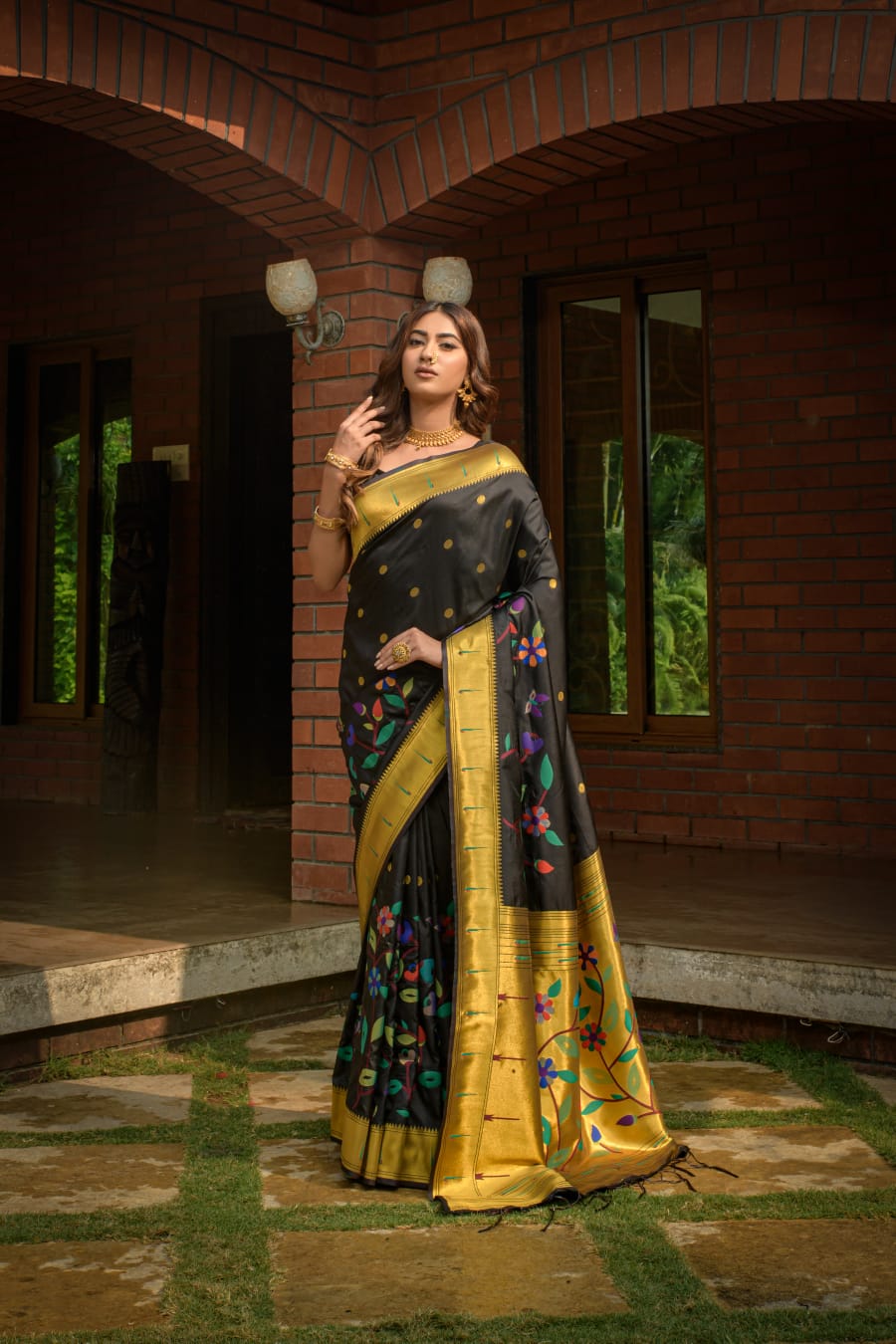 Midnight Bloom Paithani - Pure Handloom Soft Silk Saree with Gold Zari