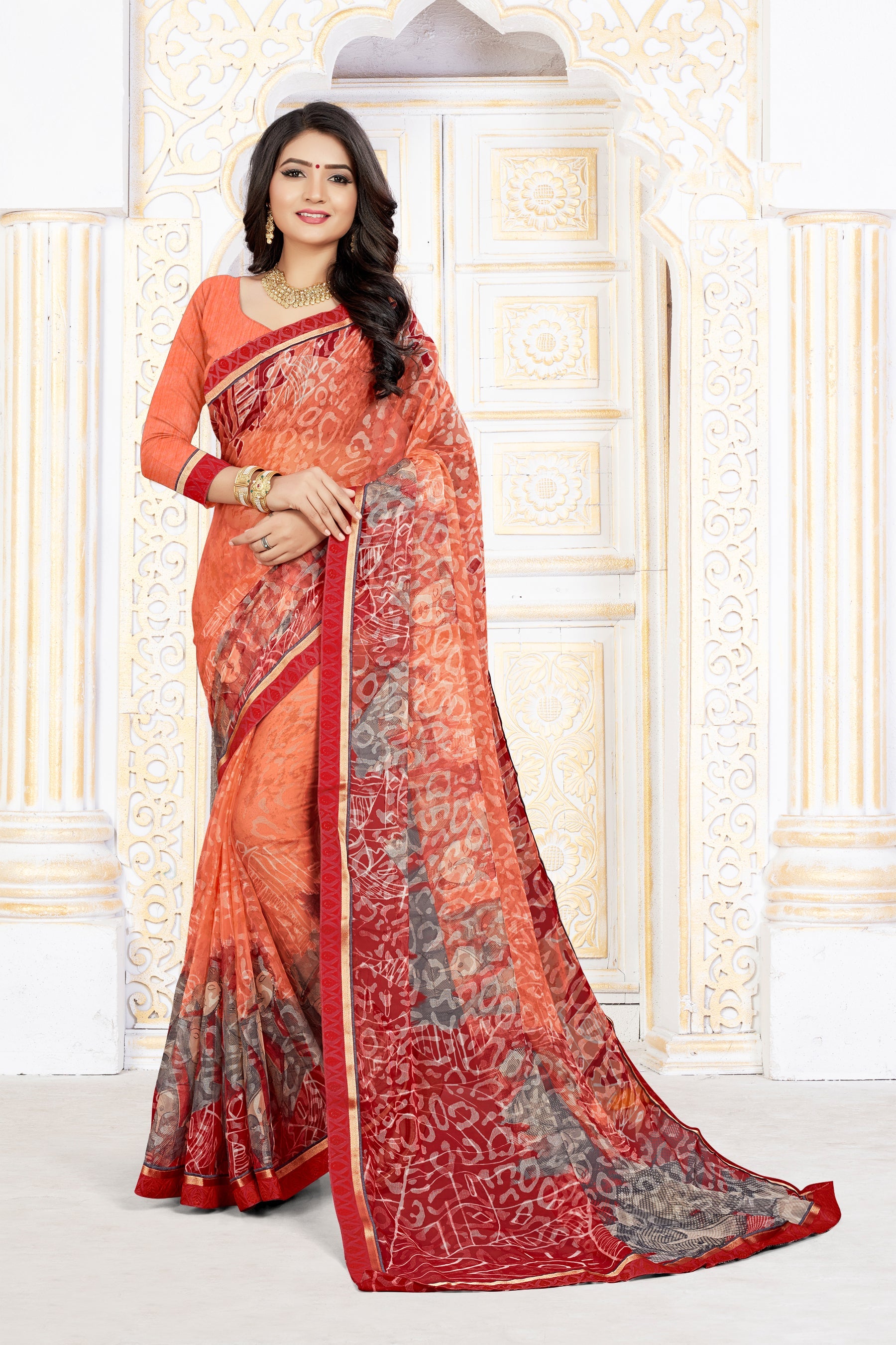 Rust Brasso Art Silk Saree with Digital Print & Matching Blouse