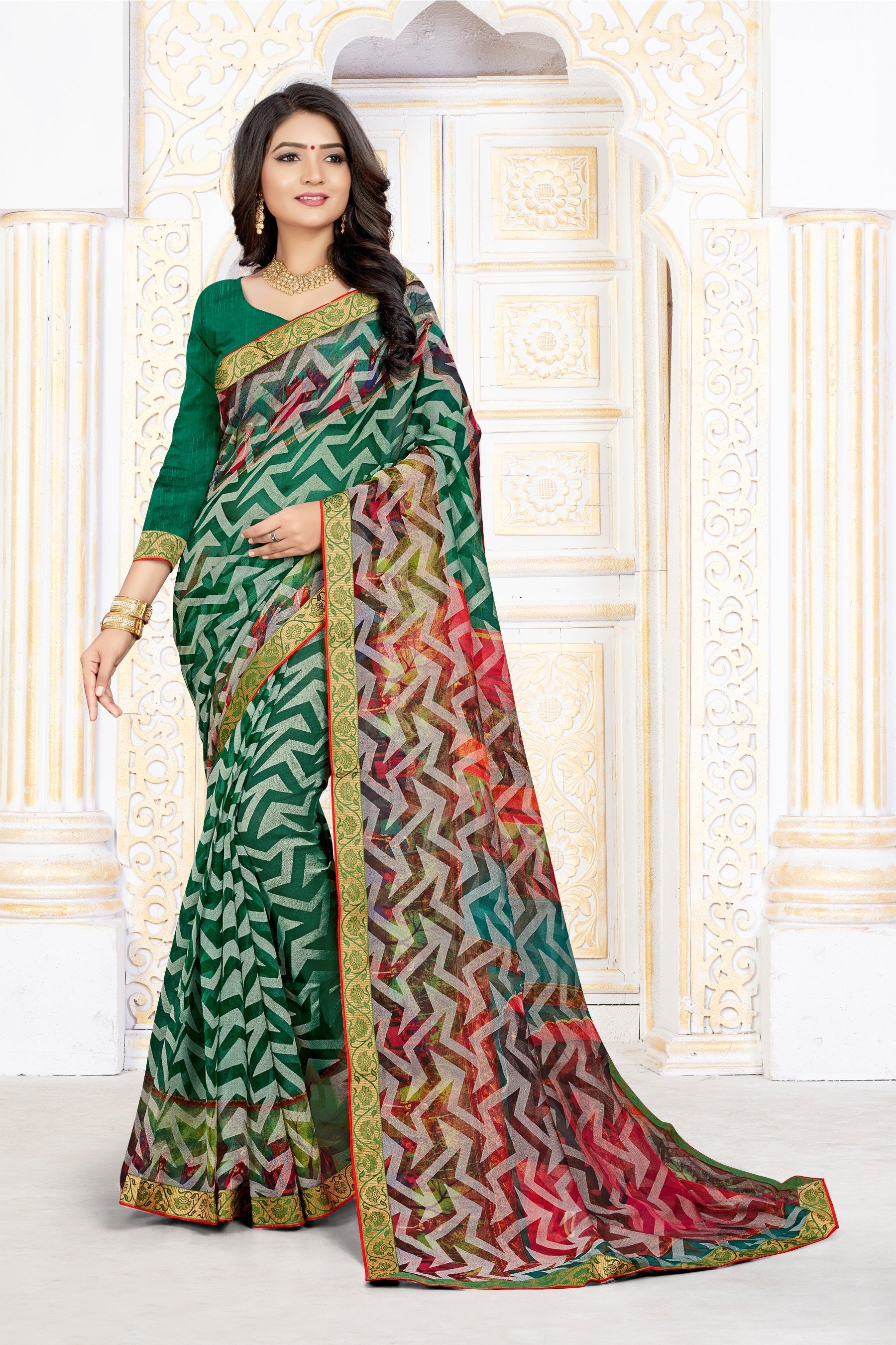 Green Geometric Brasso Art Silk Saree with Multi-Color Digital Print