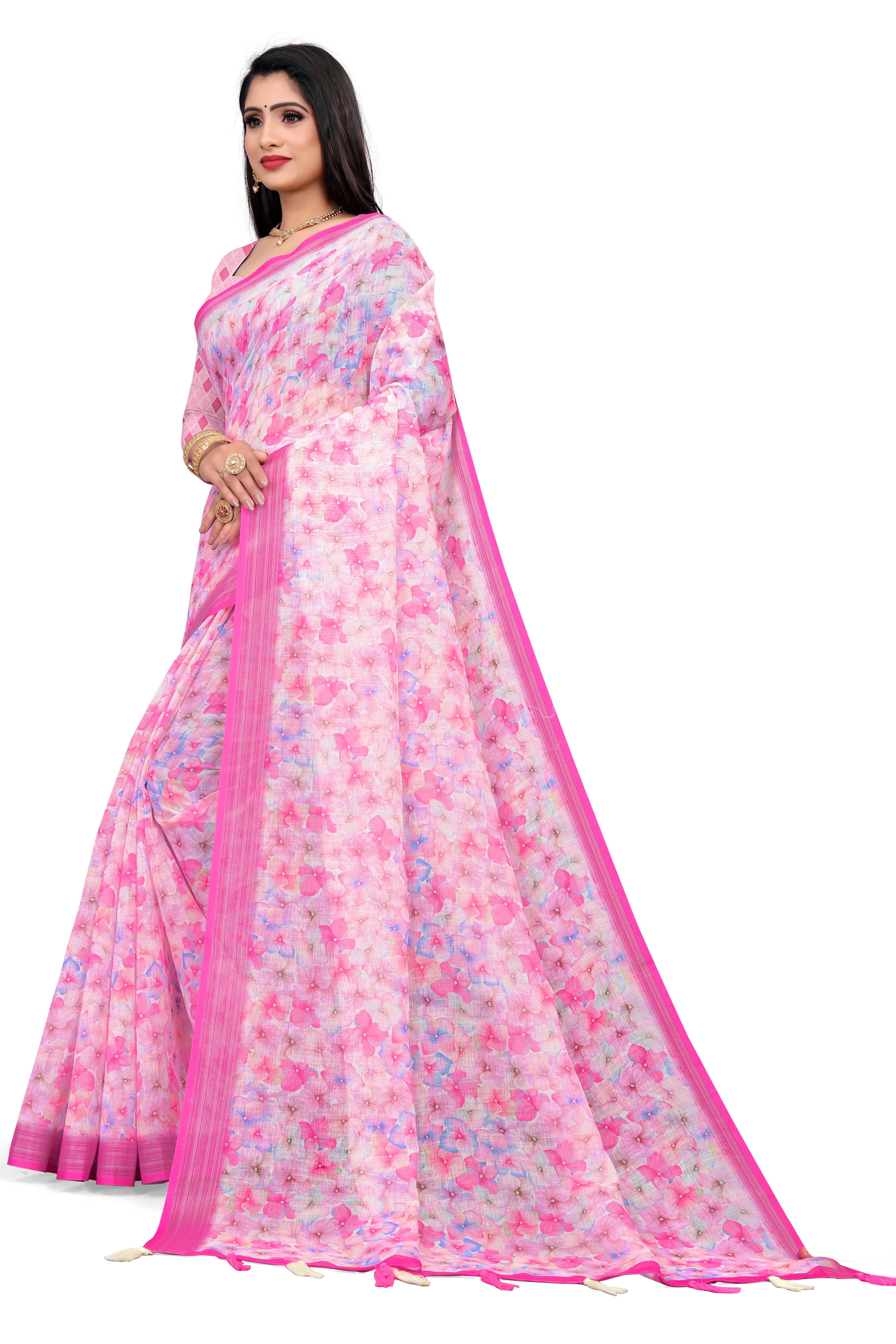 Pink Linen Saree with Wevon Jari Border & Digital Floral Print