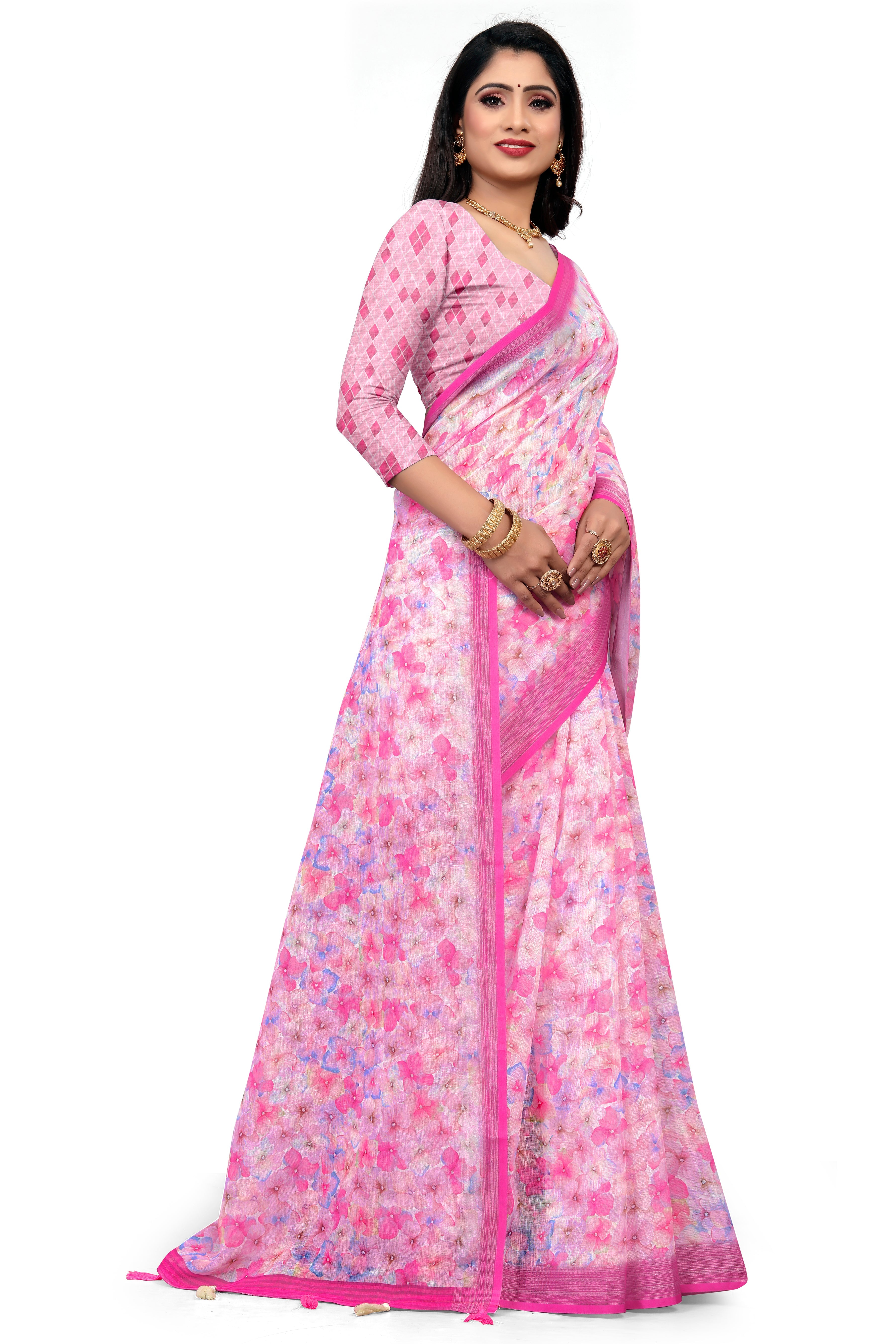 Pink Linen Saree with Wevon Jari Border & Digital Floral Print