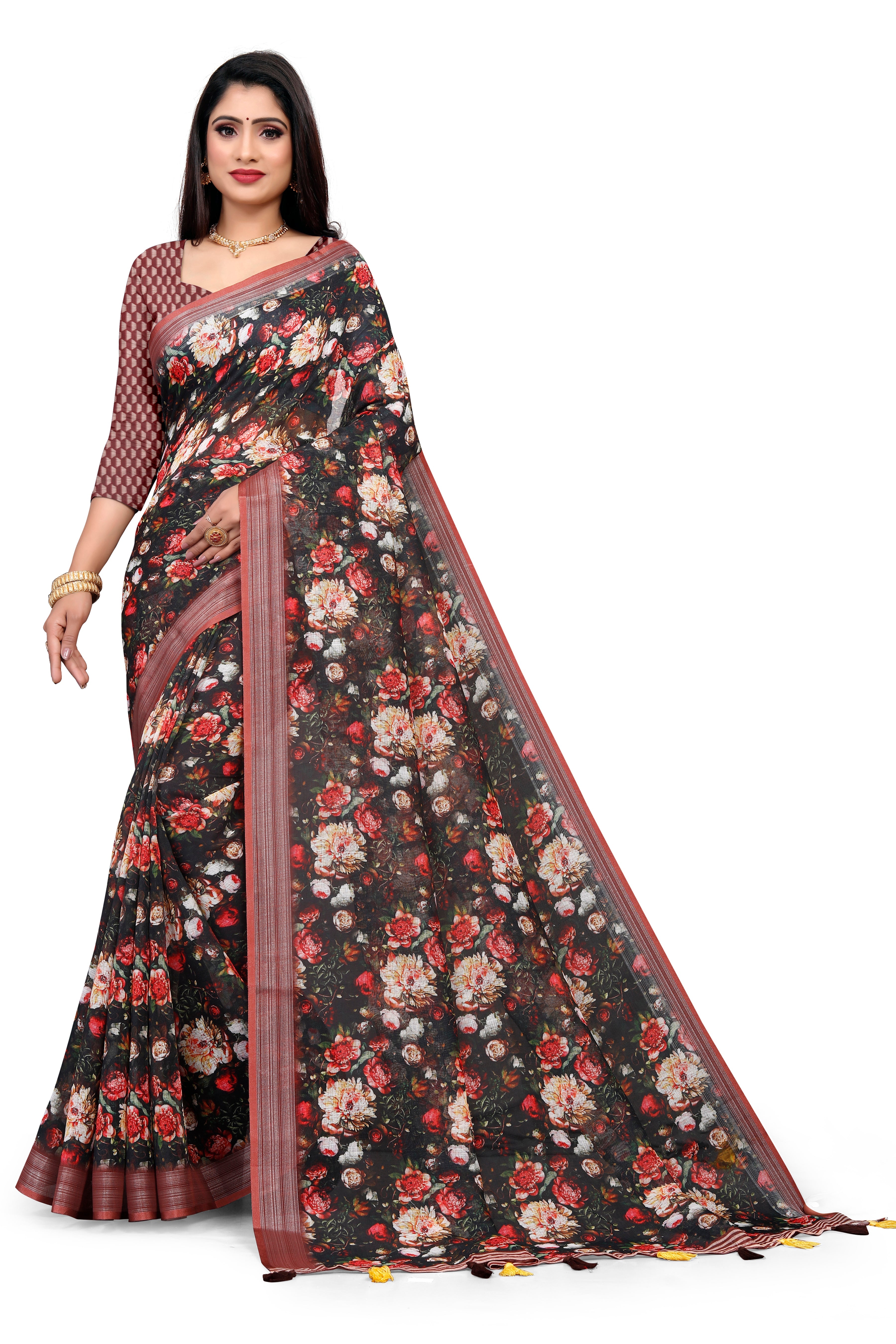 Black Linen Saree with Wevon Jari Border & Vintage Floral Digital Print
