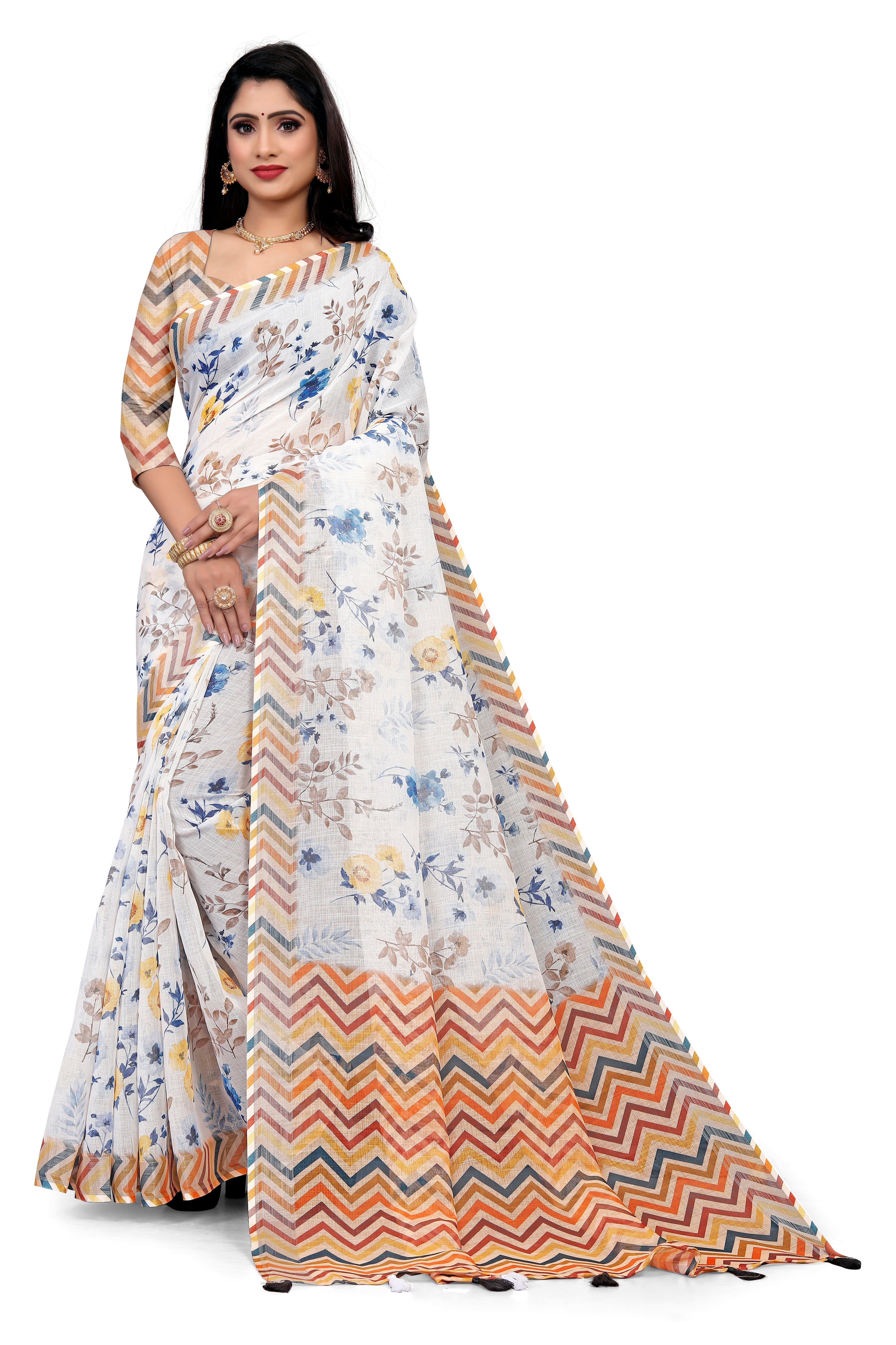 White Linen Saree with Multicolor Chevron Border & Pastel Floral Digital Print