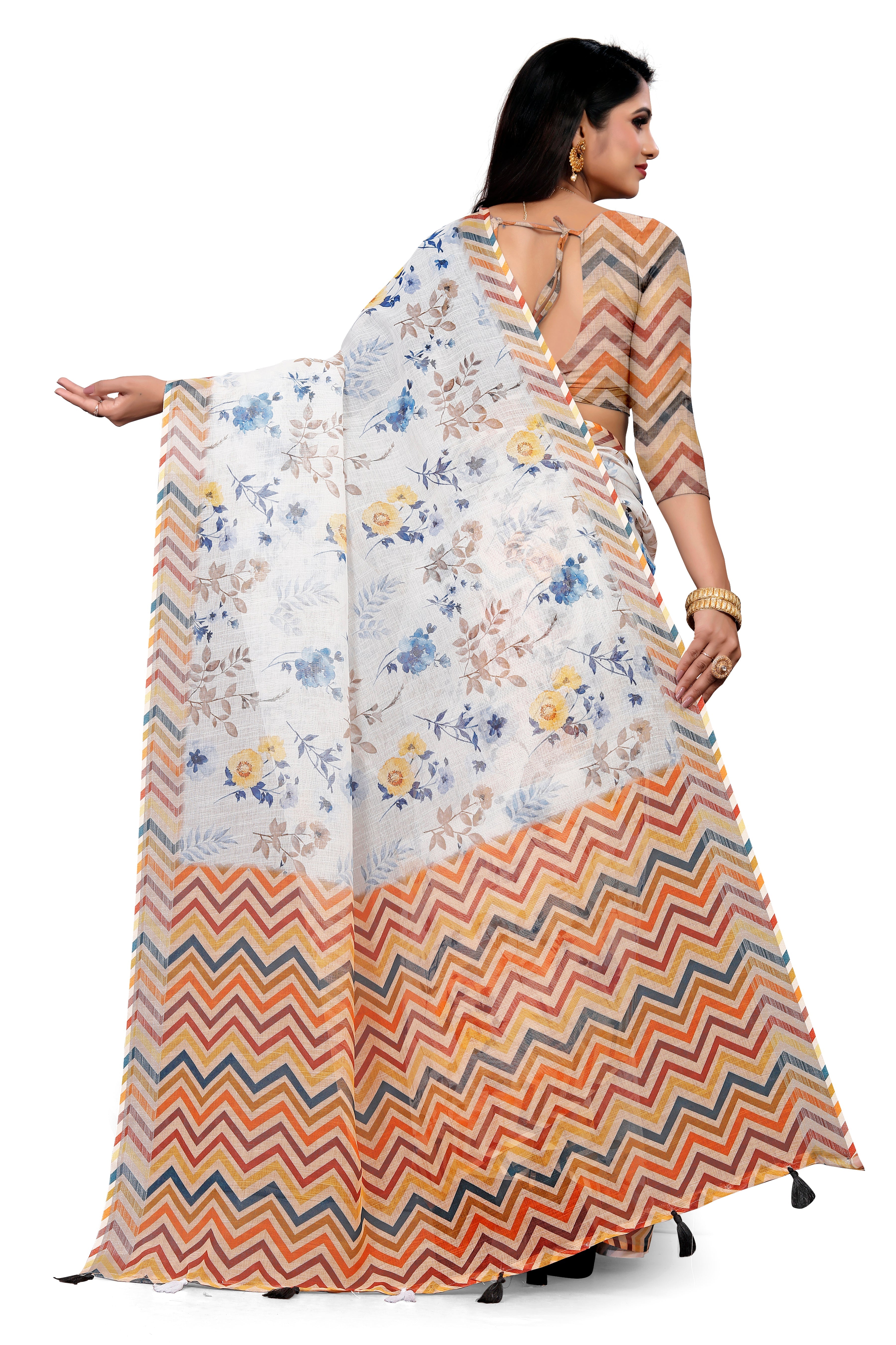 White Linen Saree with Multicolor Chevron Border & Pastel Floral Digital Print