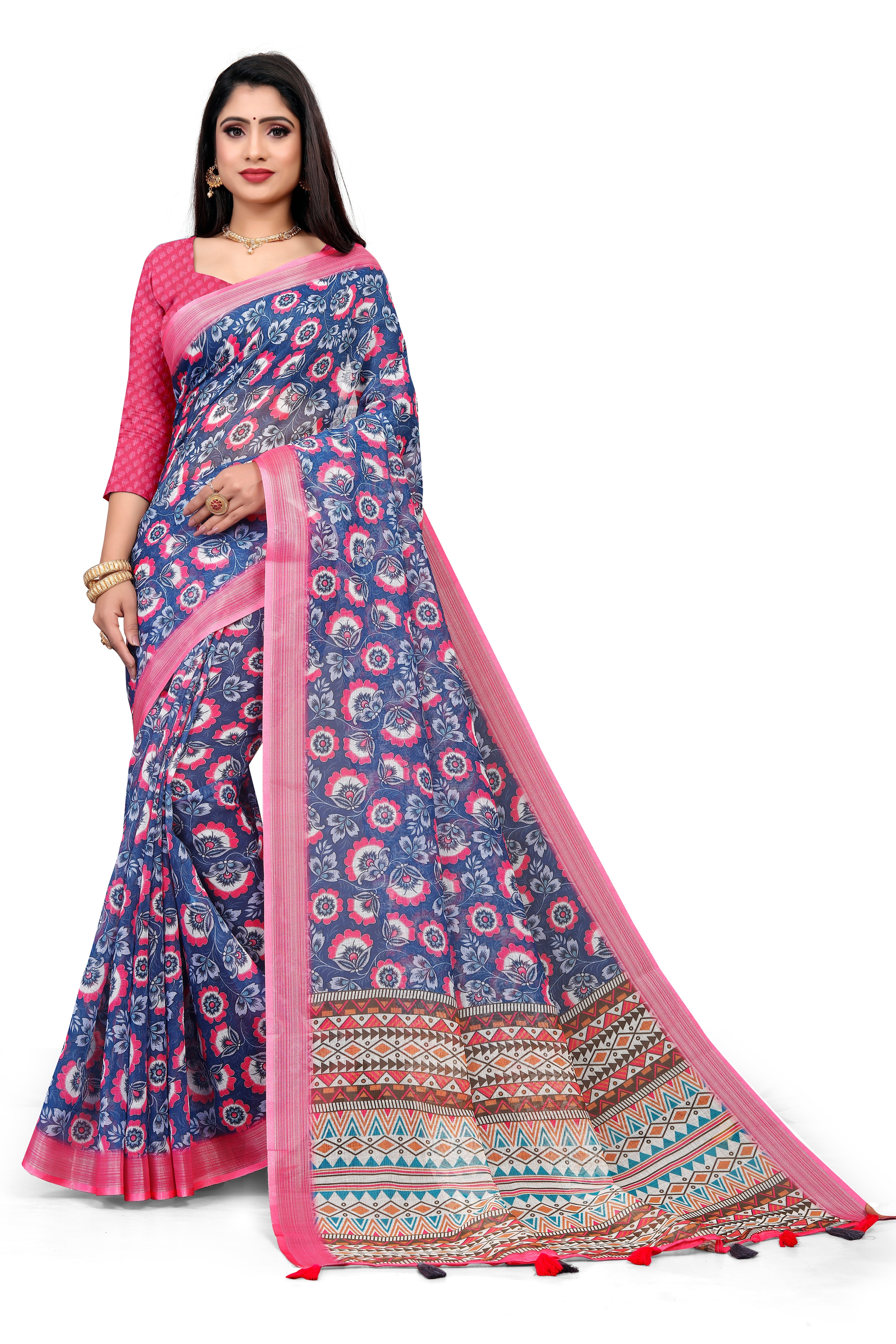 Teal Floral Digital Print Saree with Pink Border & Geometric Pattern Pallu