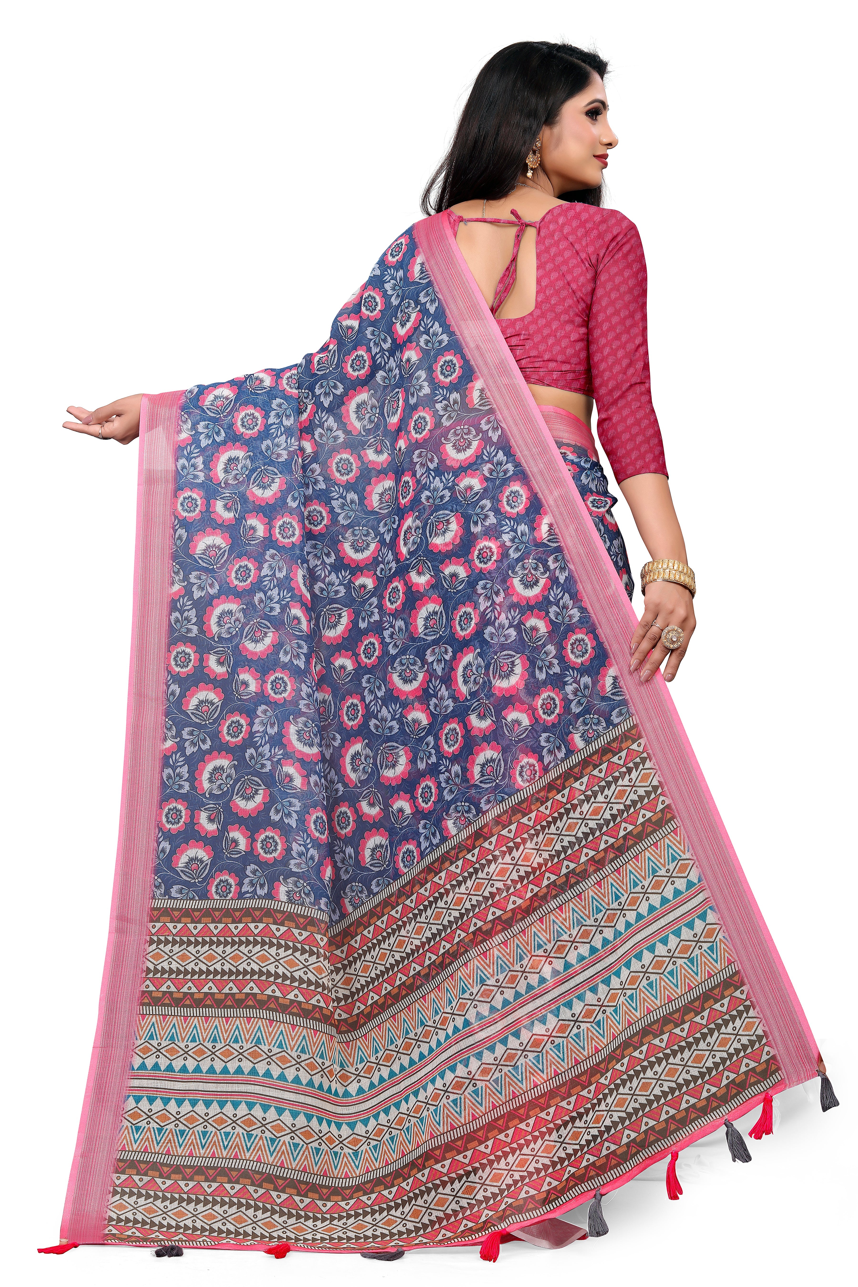 Teal Floral Digital Print Saree with Pink Border & Geometric Pattern Pallu