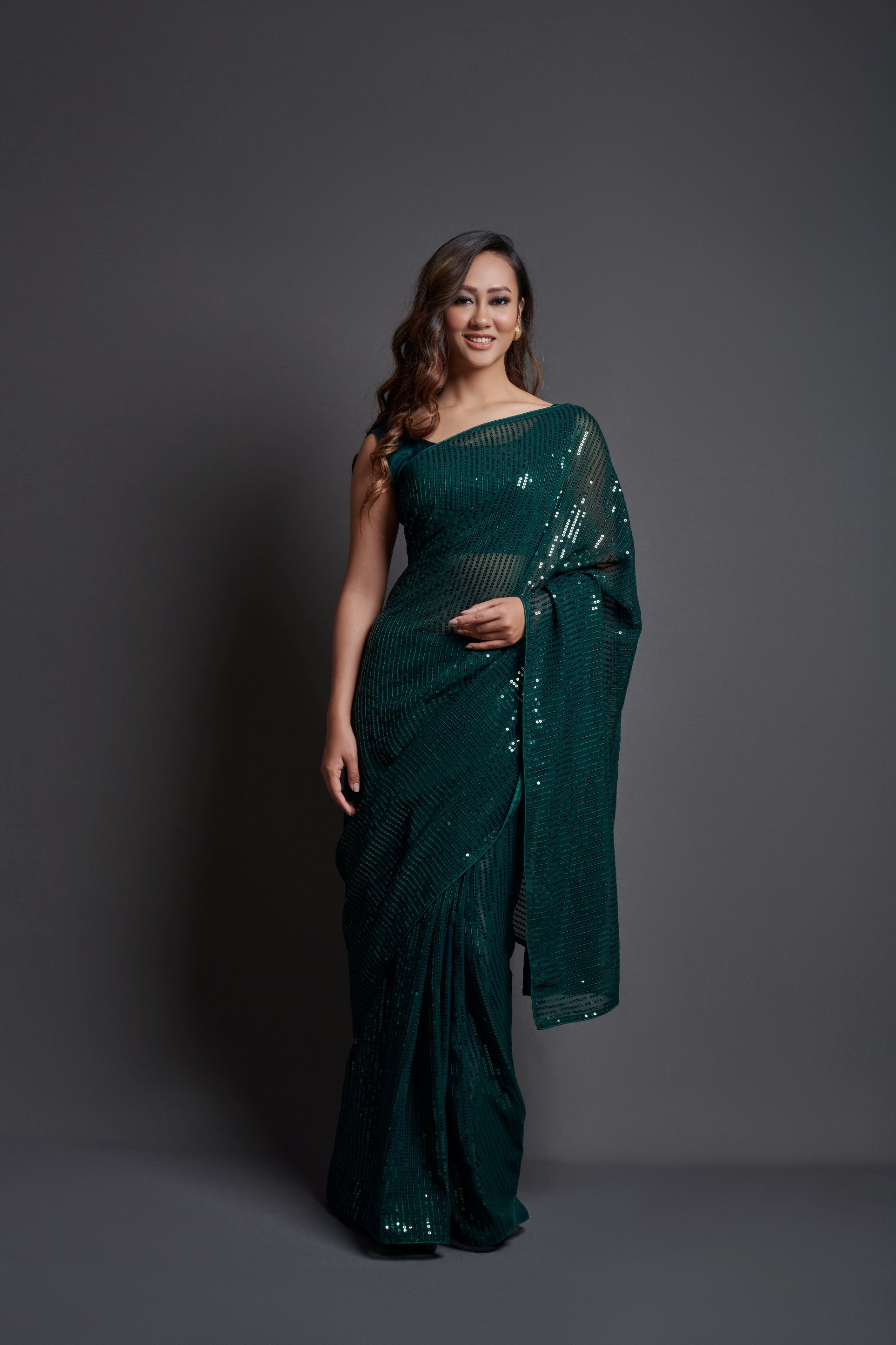 Green Georgette Saree with Designer Sequins Embroidery & Banglori Silk Blouse