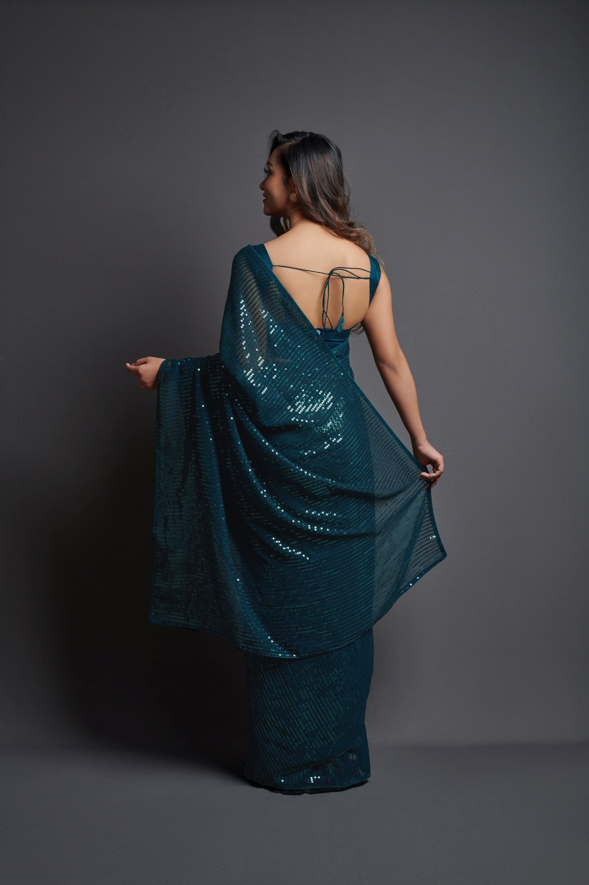 Teal Blue Georgette Saree with Designer Sequins Embroidery & Banglori Silk Blouse
