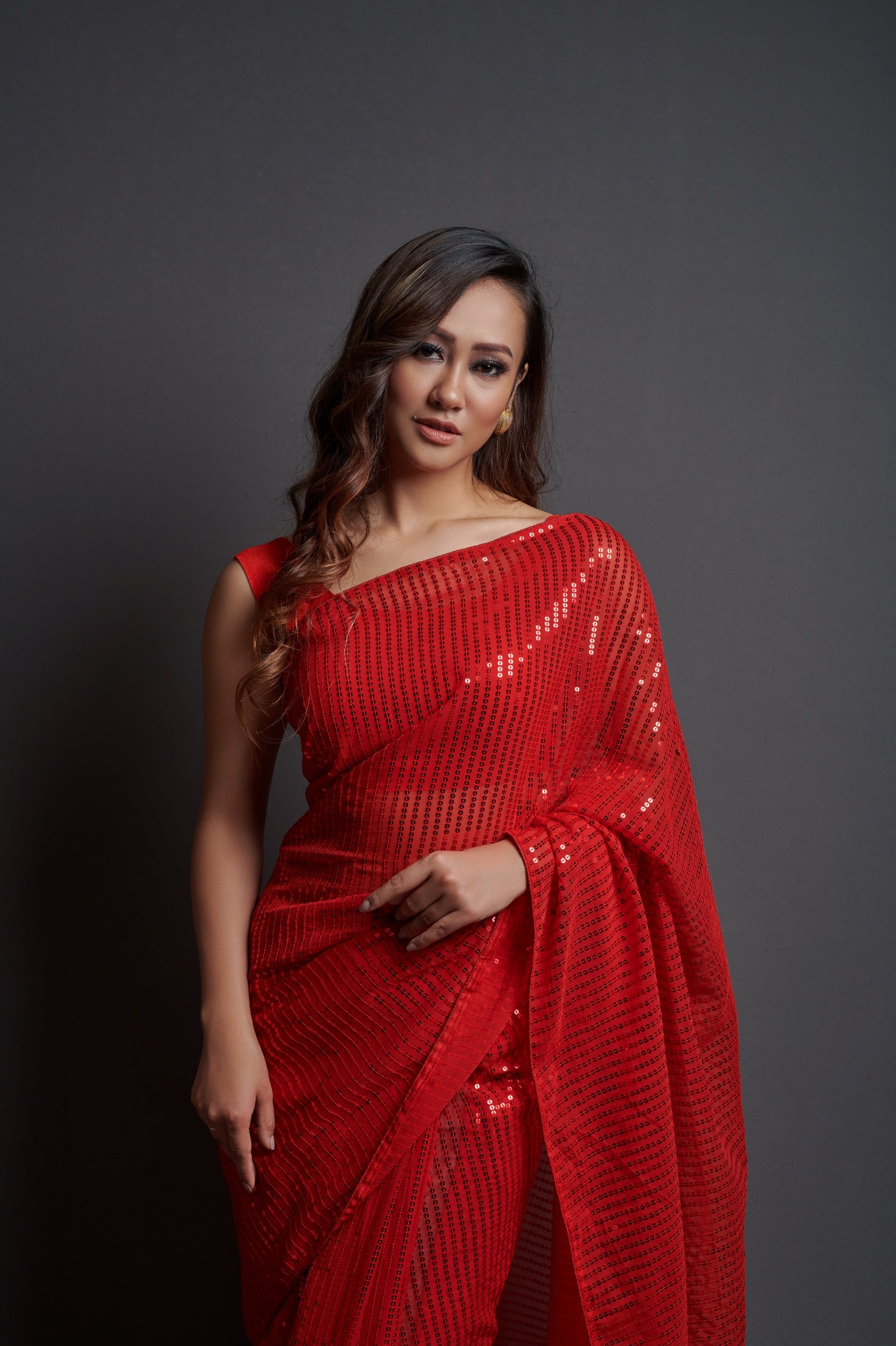 Red Georgette Saree with Designer Sequins Embroidery & Banglori Silk Blouse