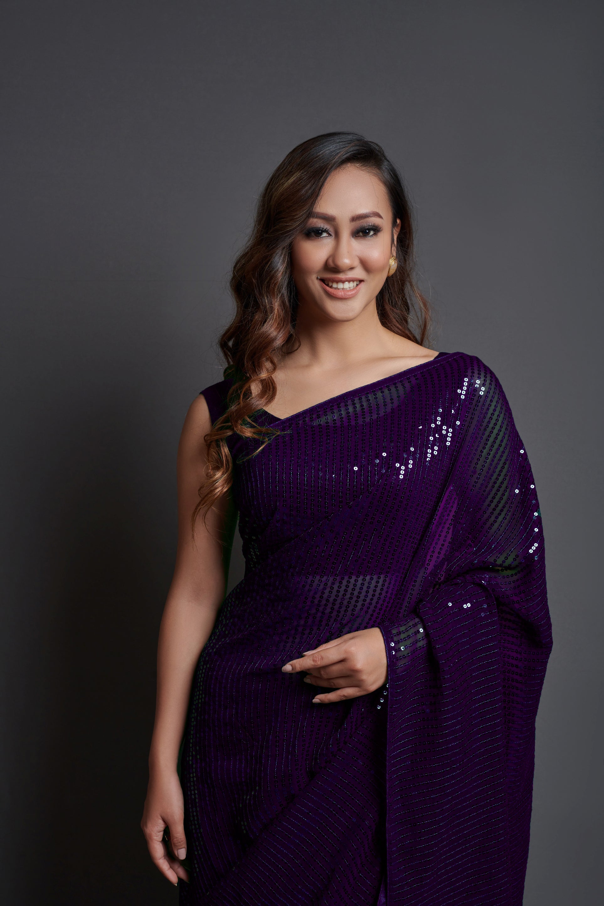 Purple Georgette Saree with Designer Sequins Embroidery & Banglori Silk Blouse