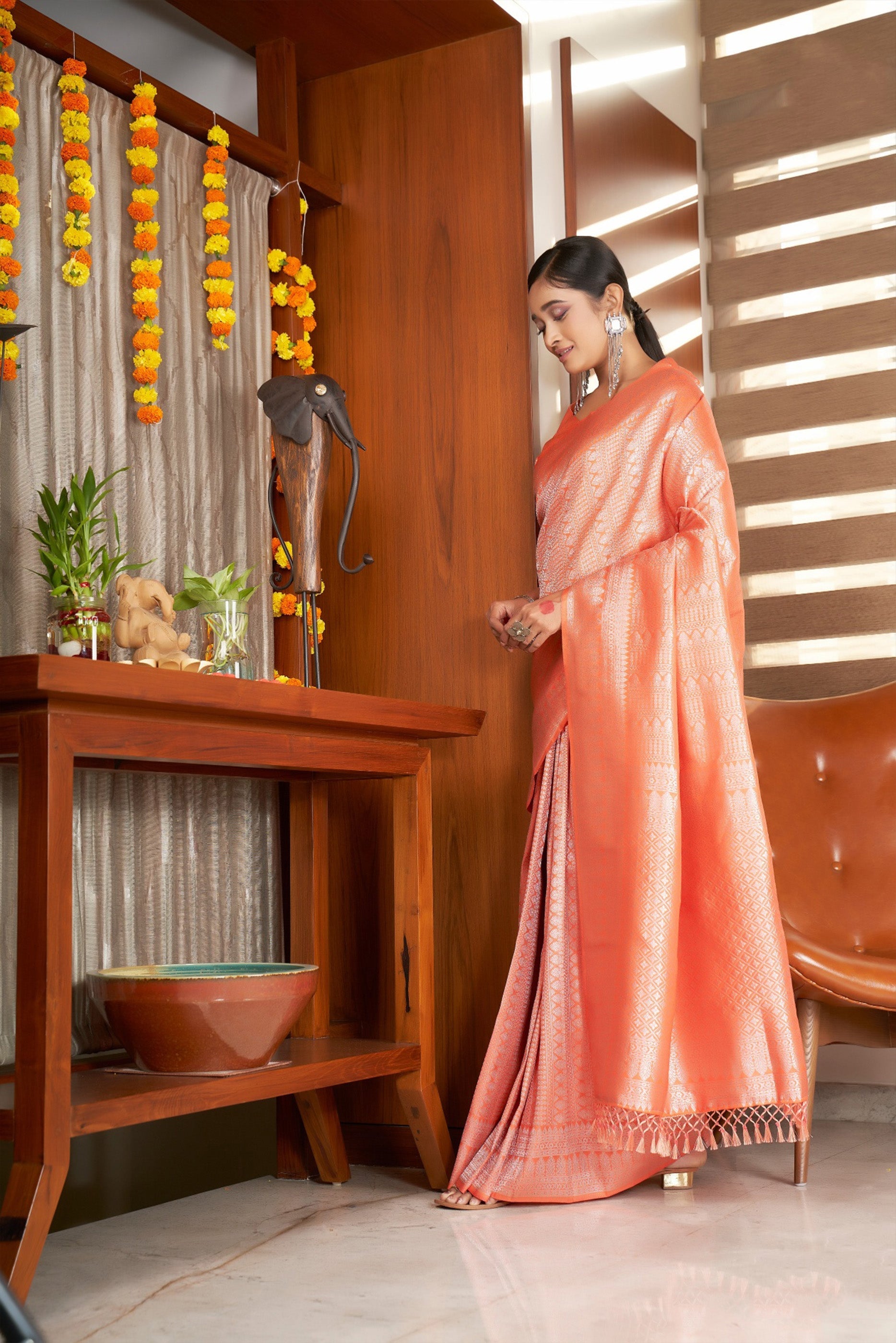 Elegant Orange Kanjivaram Silk Saree with Heavy Wevon Self Designer Work