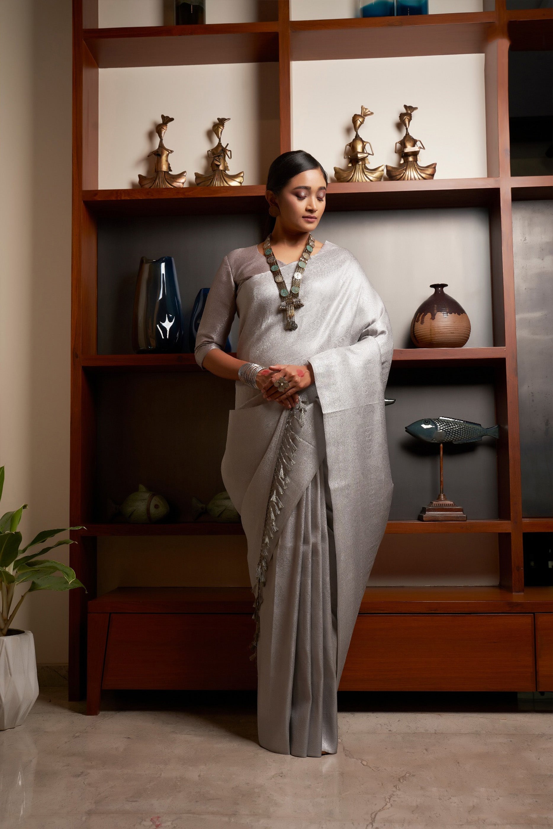 Elegant Grey Satin Silk Saree with Subtle Self Weave and Matching Blouse