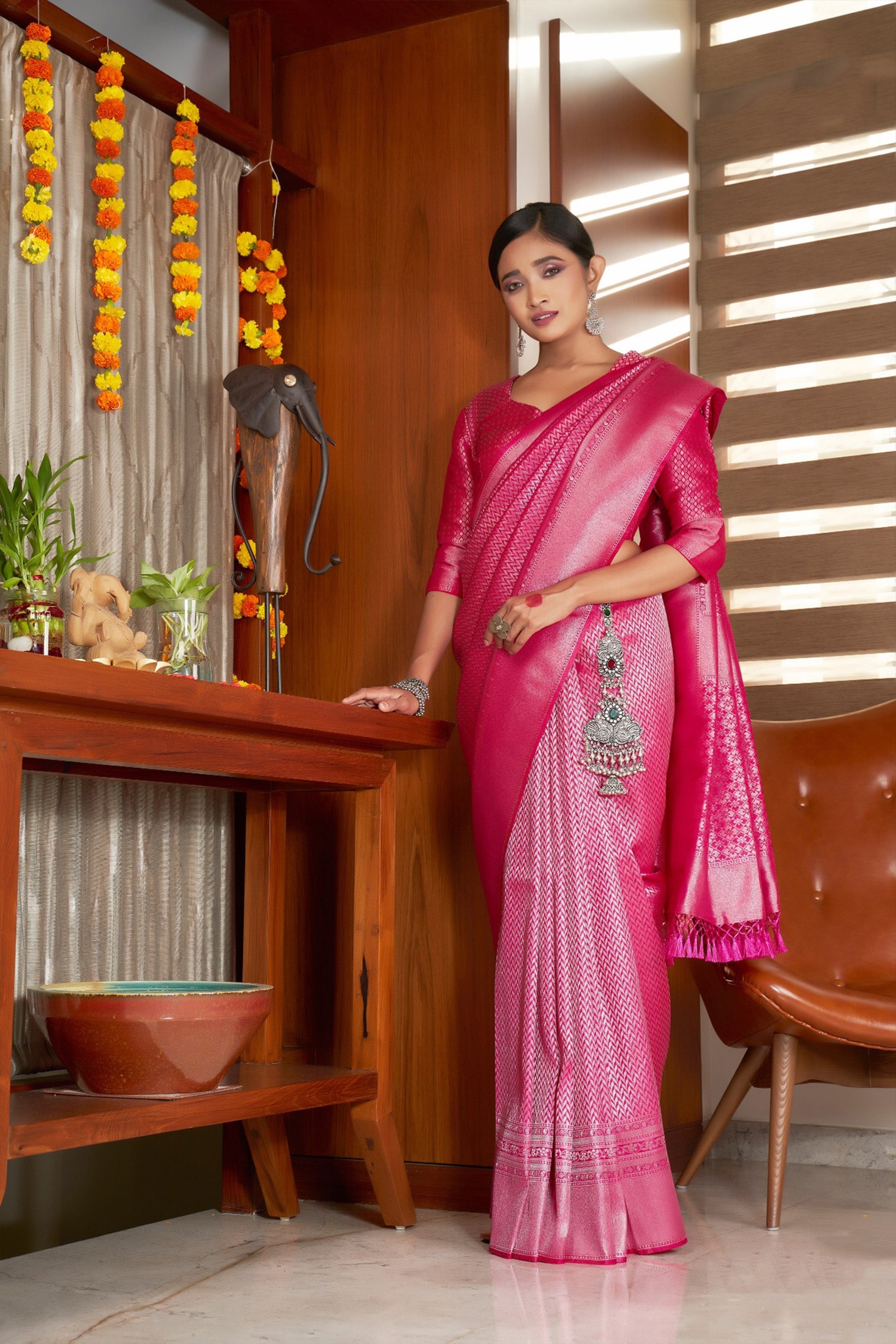 Elegant Pink Kanjivaram Silk Saree with Heavy Wevon Self Designer Work