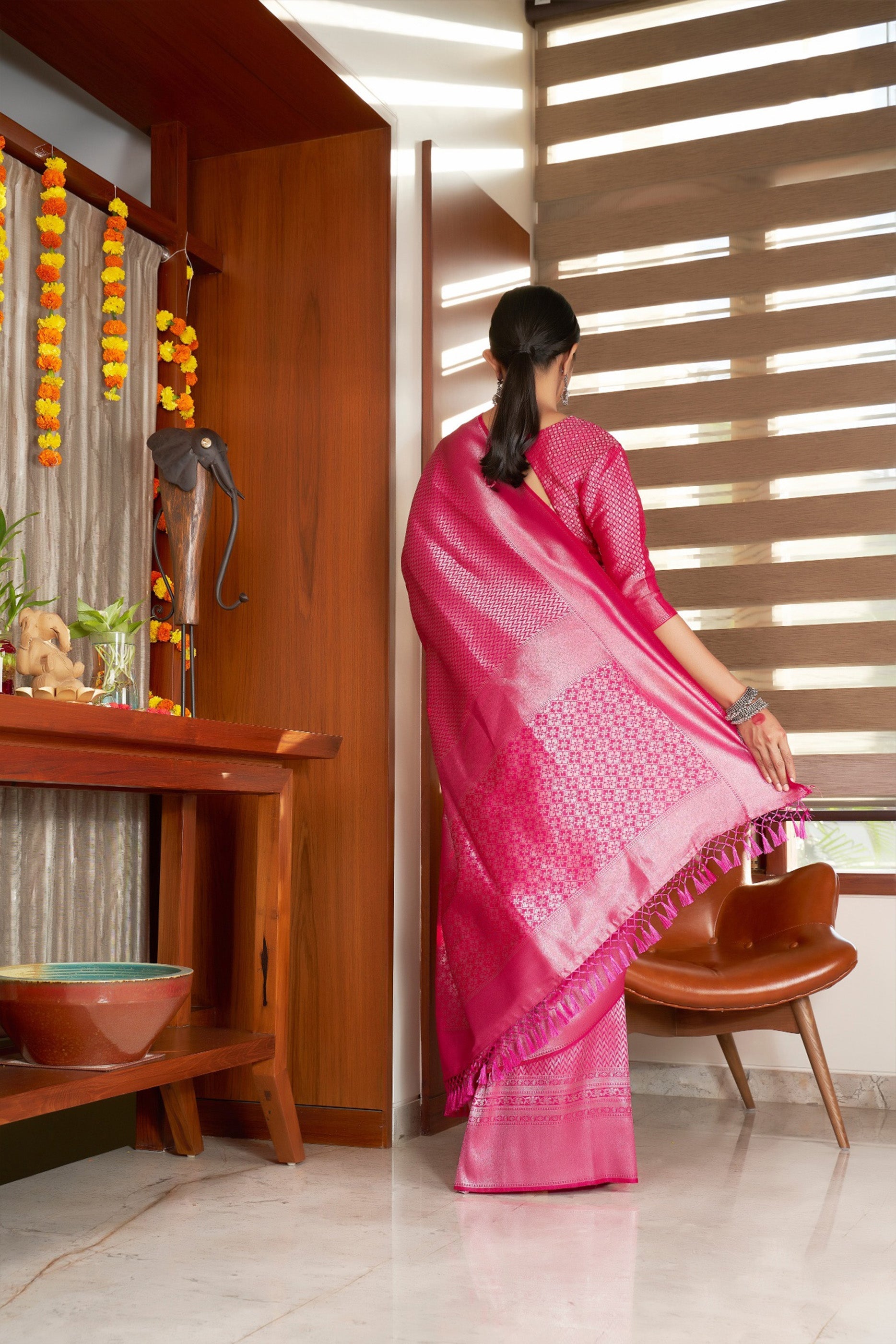 Elegant Pink Kanjivaram Silk Saree with Heavy Wevon Self Designer Work