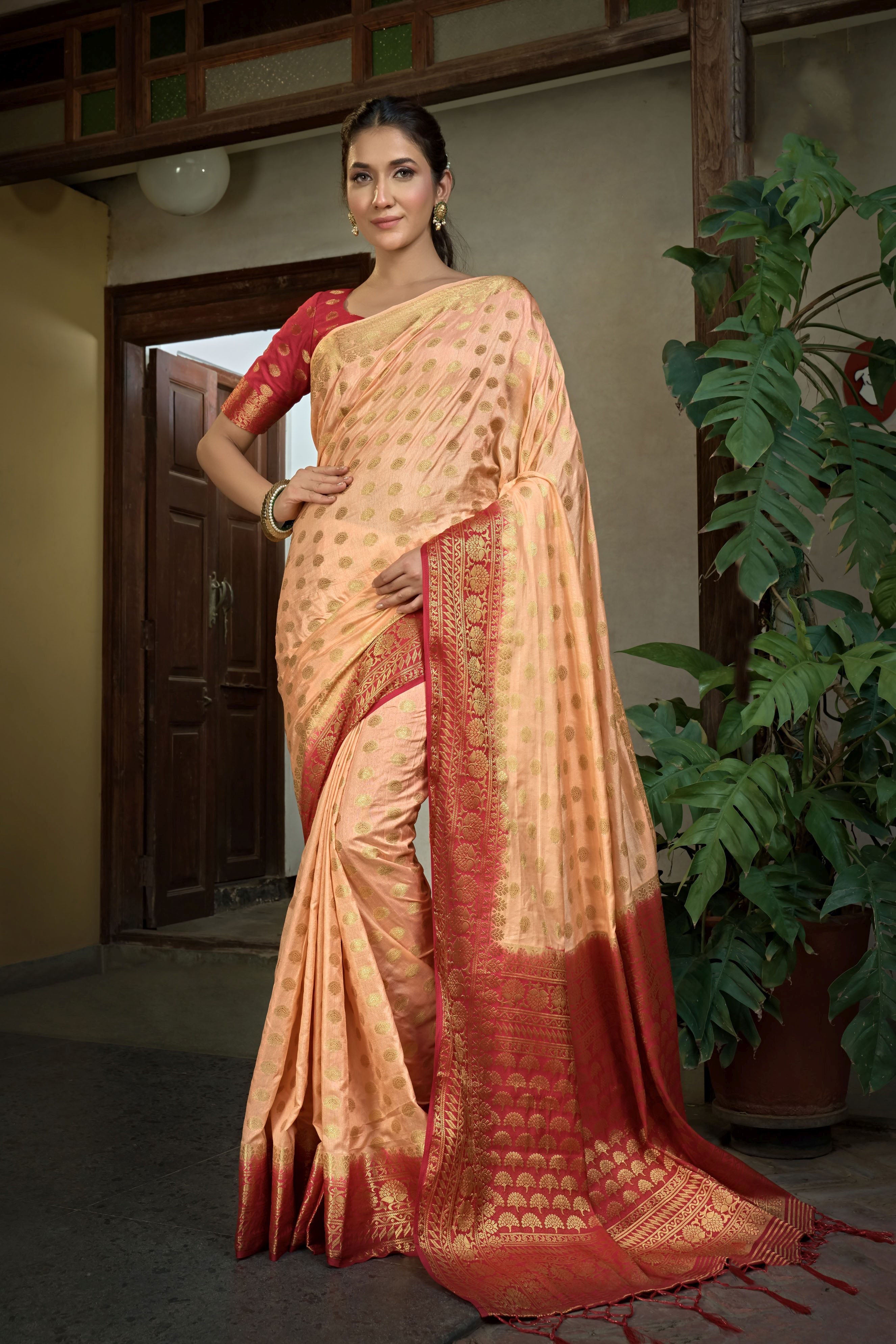 Peach Silk Saree with Golden Zari Weaving and Red Blouse