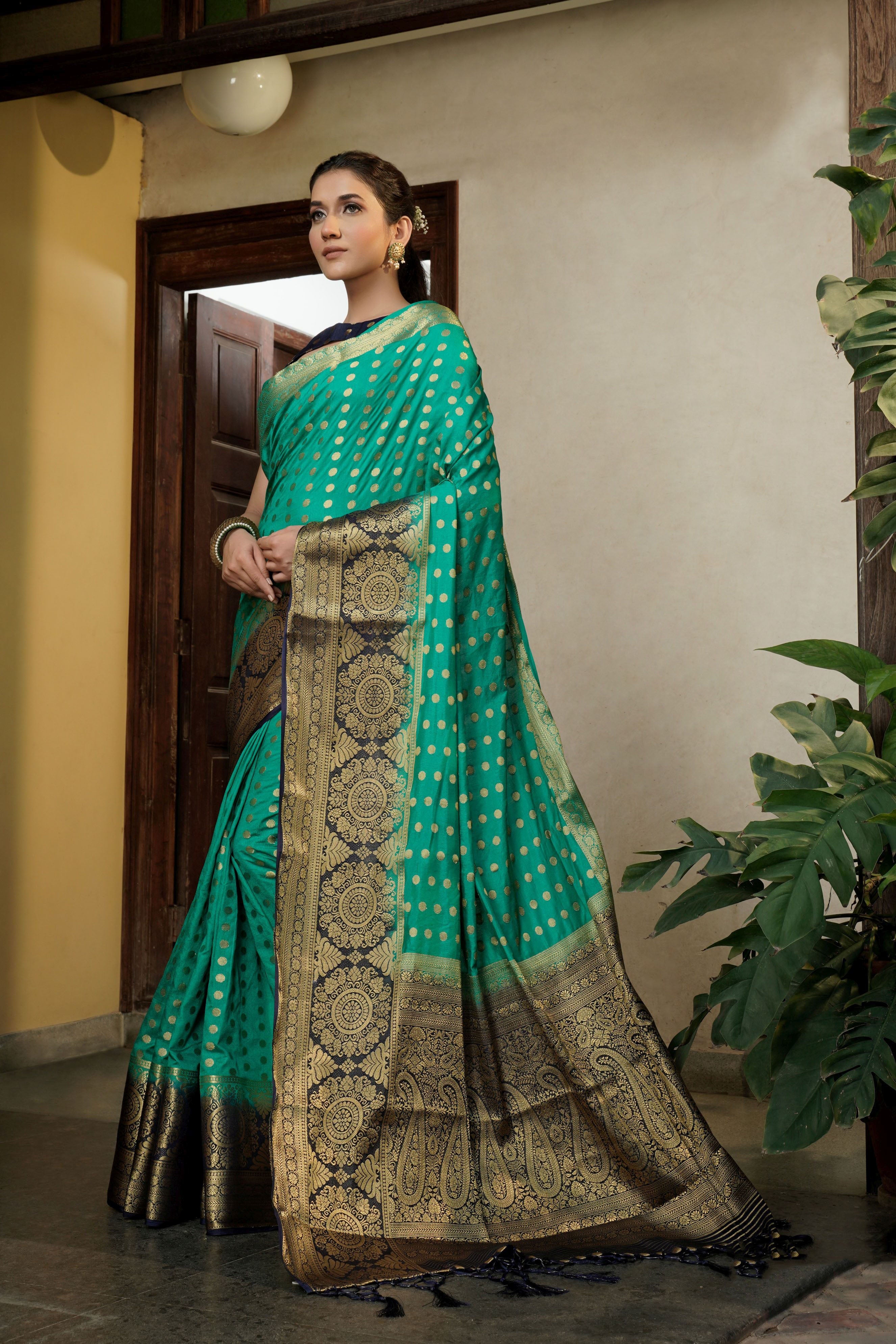 Turquoise Dola Silk Saree with Blue Blouse & Zari Weaving Work
