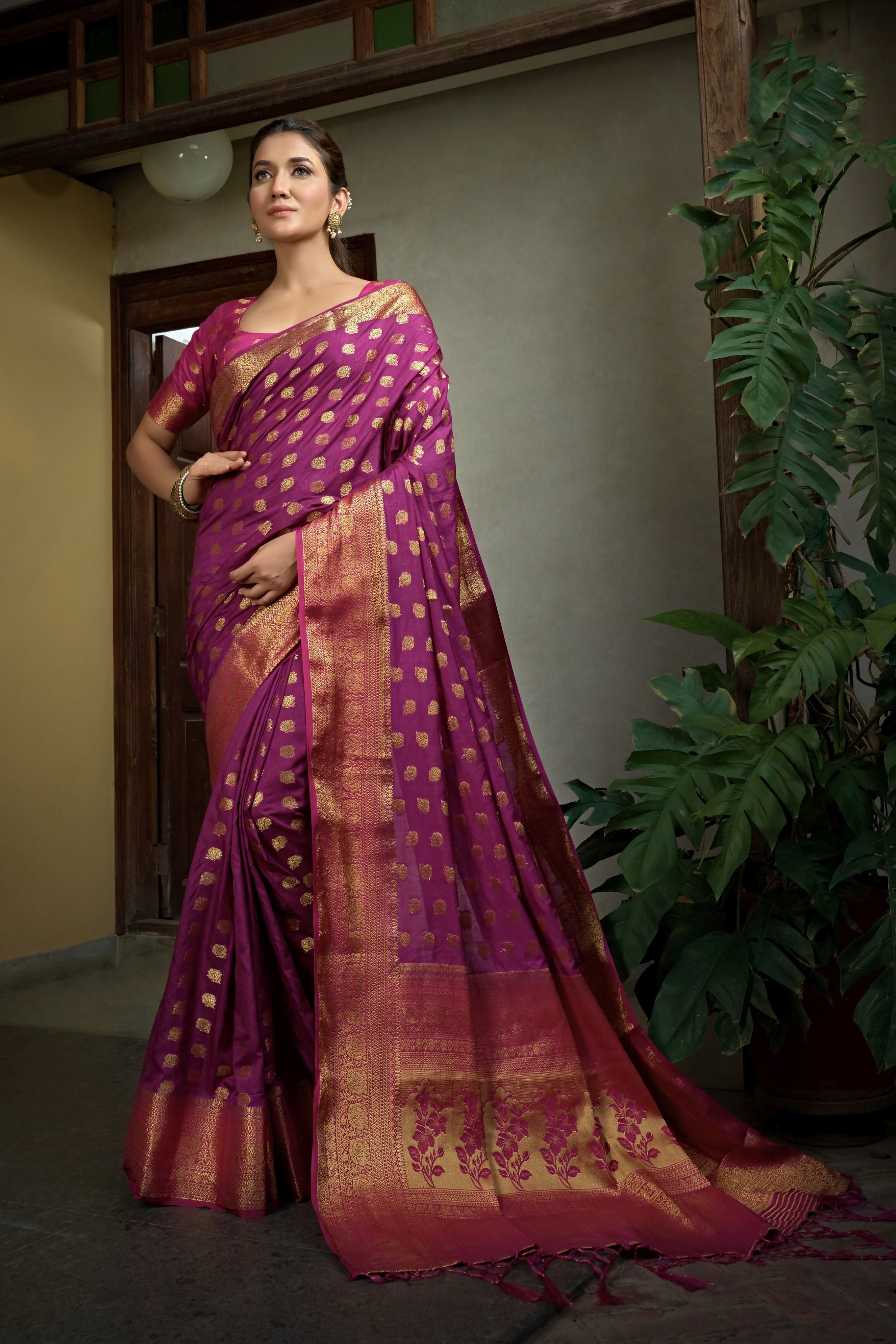 Purple Dola Silk Saree with Pink Blouse & Golden Zari Weaving Work