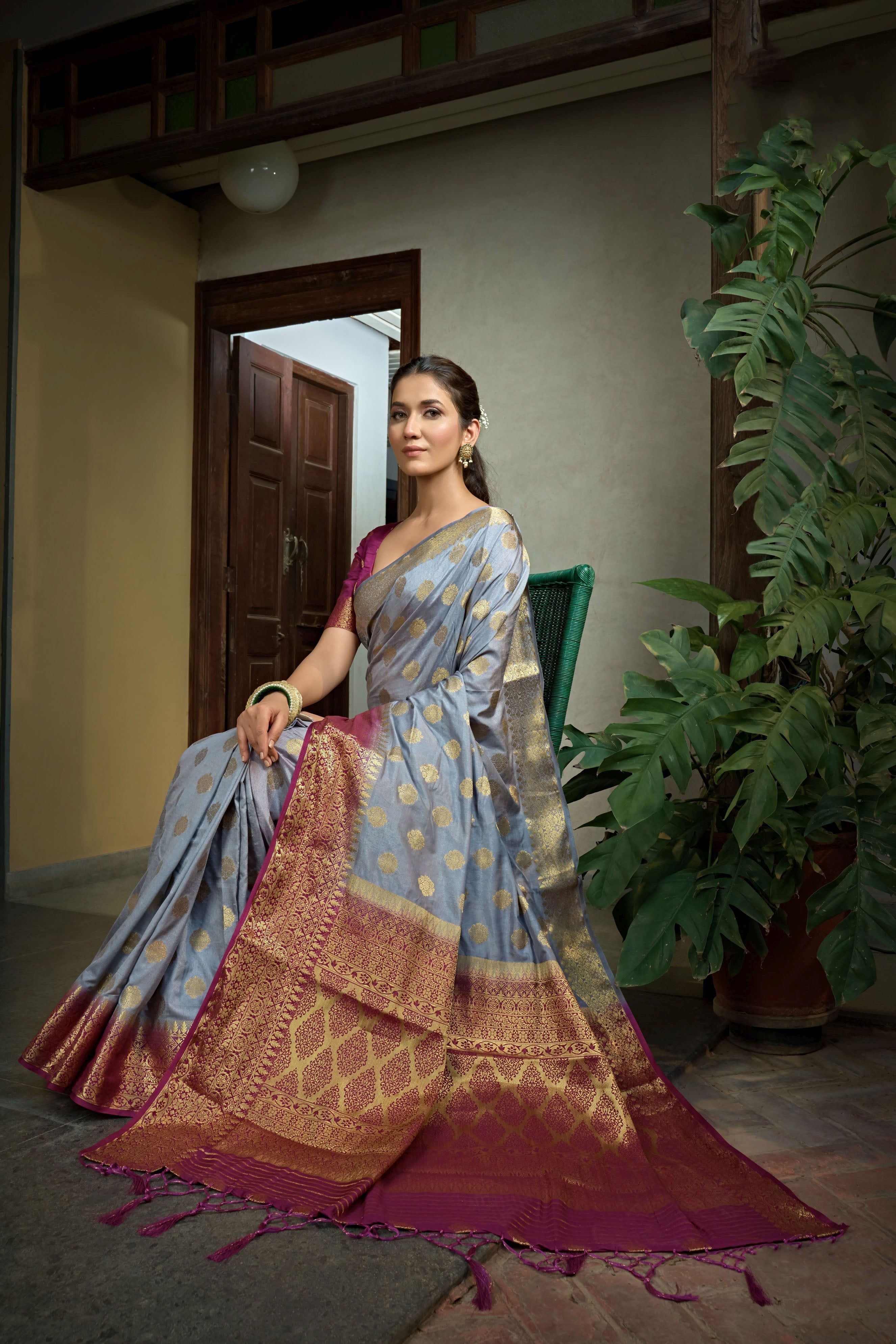 Grey Dola Silk Saree with Wine Blouse & Rich Golden Zari Work