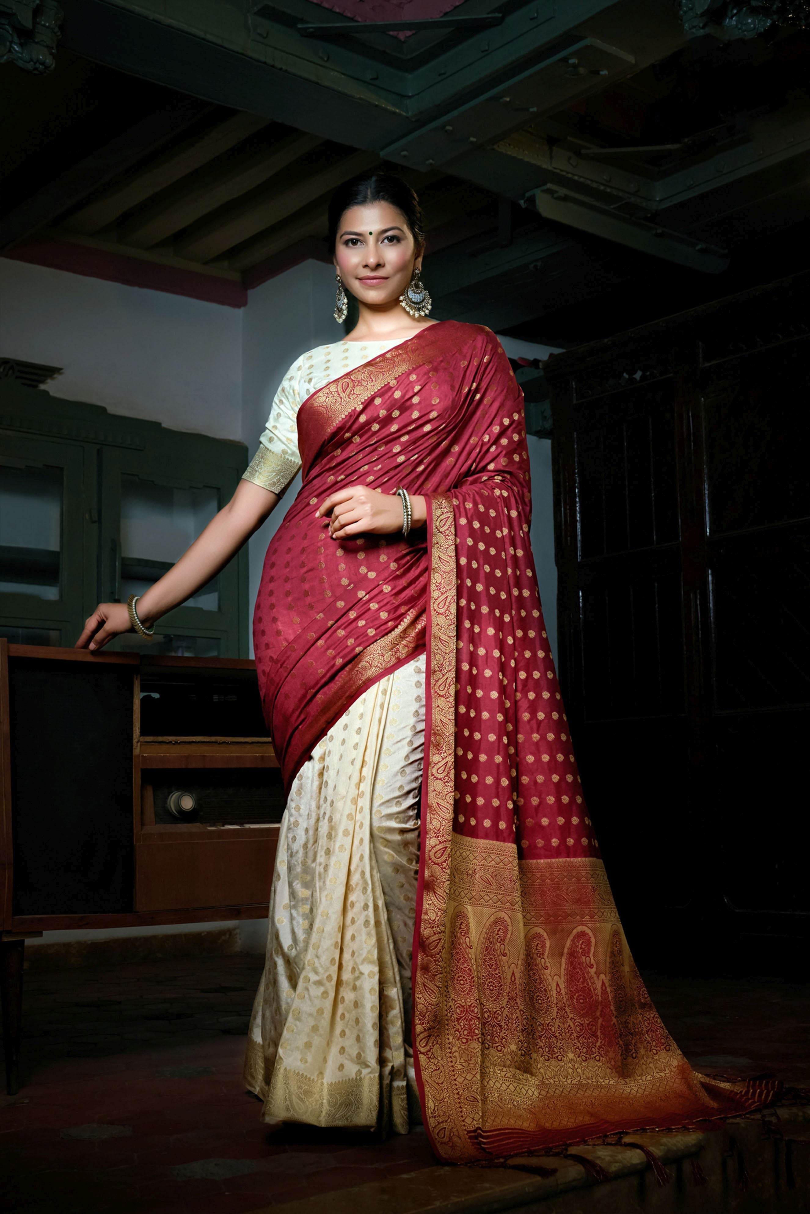 Maroon Art Silk Saree with Beige Blouse and Designer Weaving Work