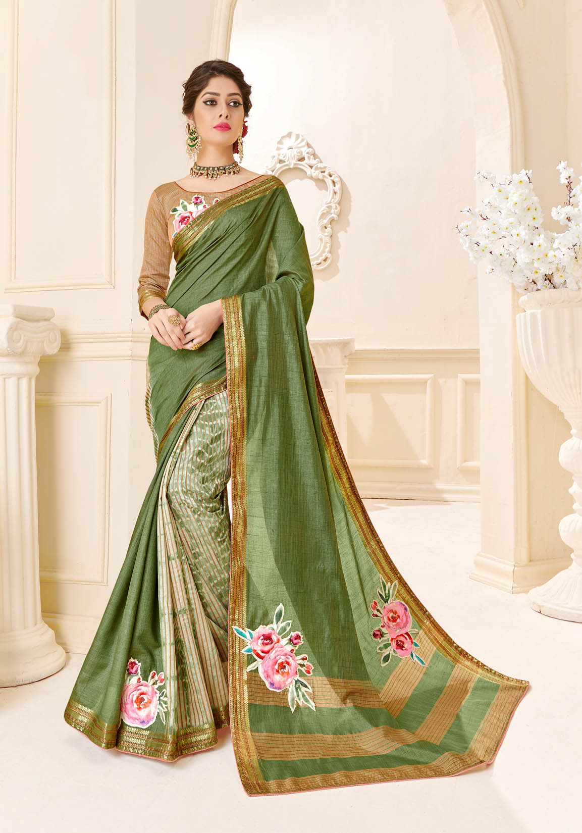 Mehendi Green Tassar Silk Saree with Floral Work and Brown Blouse