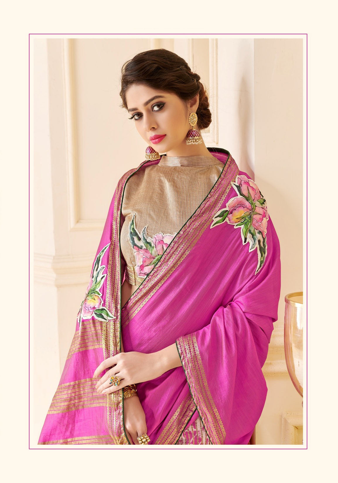 Purple Silk Saree with Golden Border and Beige Blouse