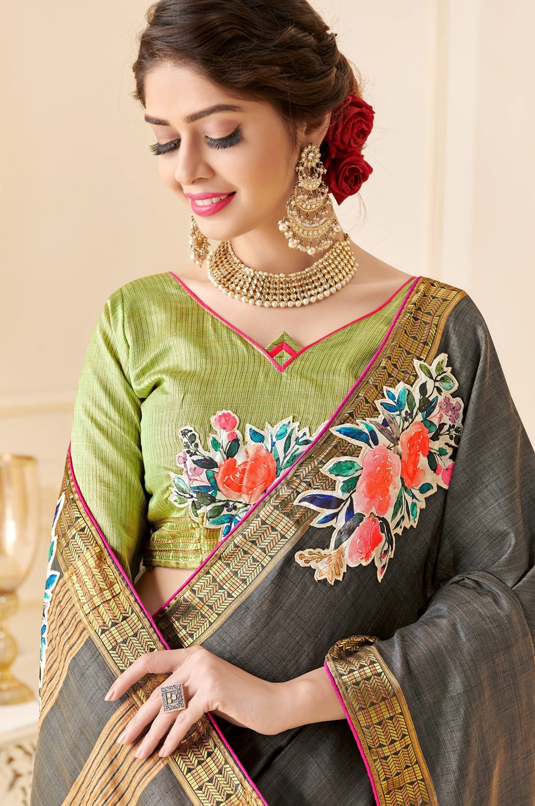 Elegant Grey Silk Saree with Golden Border & Green Blouse
