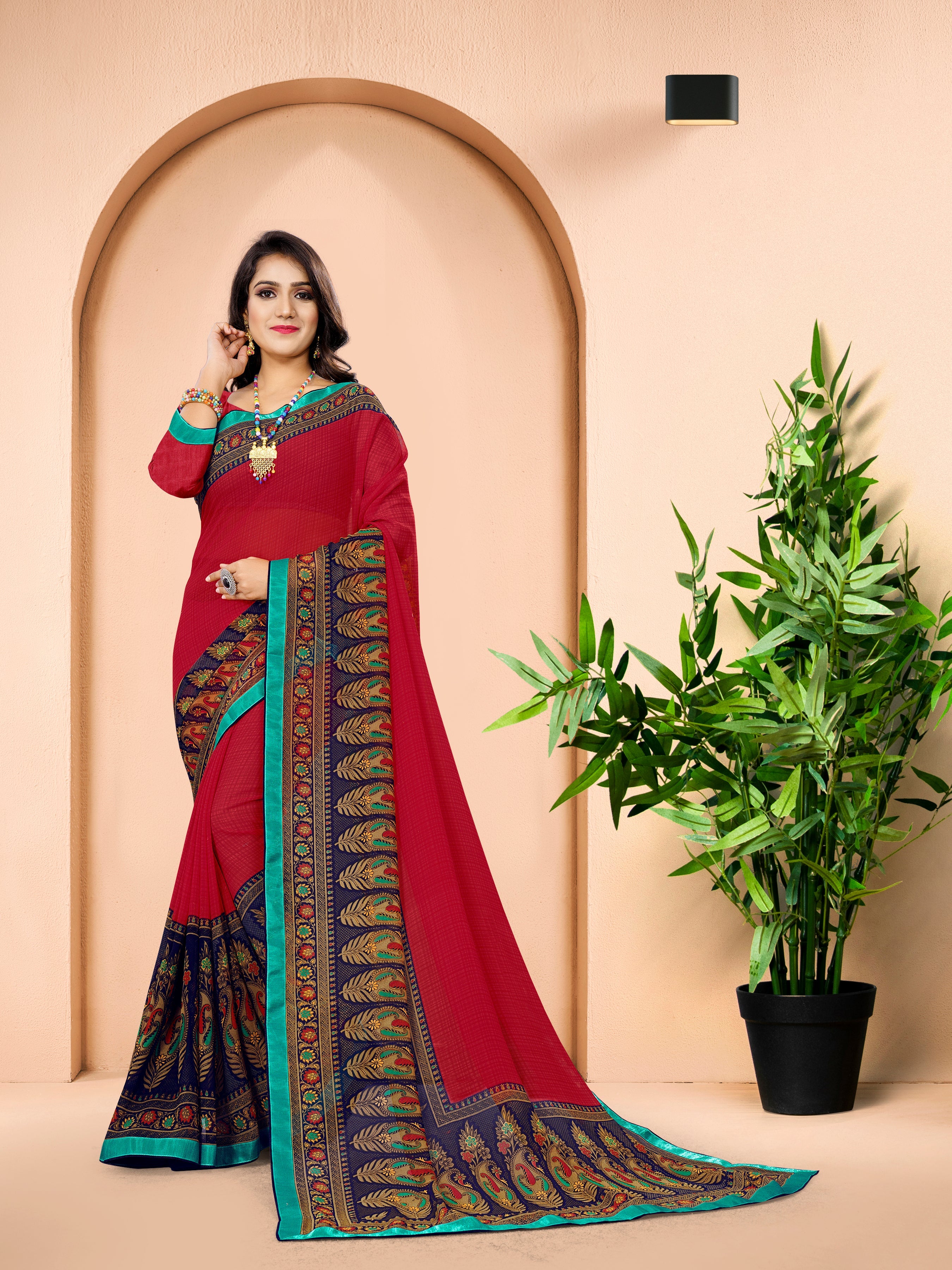 Red Georgette Saree with Multicolor Printed Border & Matching Blouse
