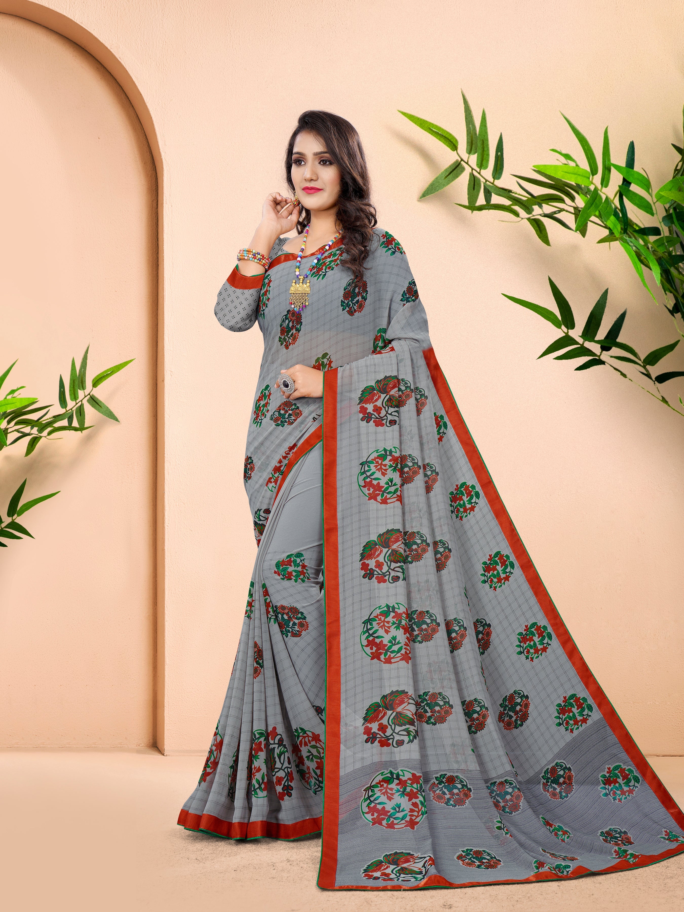 Elegant Grey Printed Saree with Matching Grey Blouse