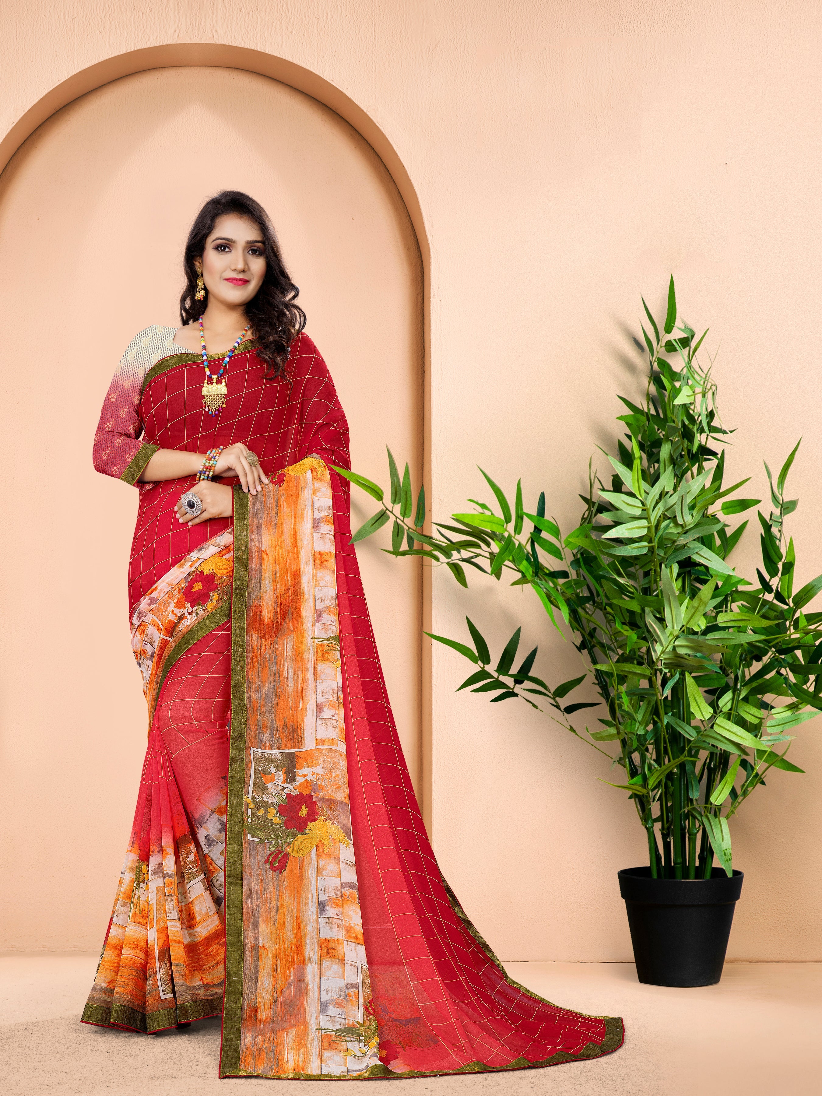 Elegant Pink Printed Saree with Matching Pink Blouse
