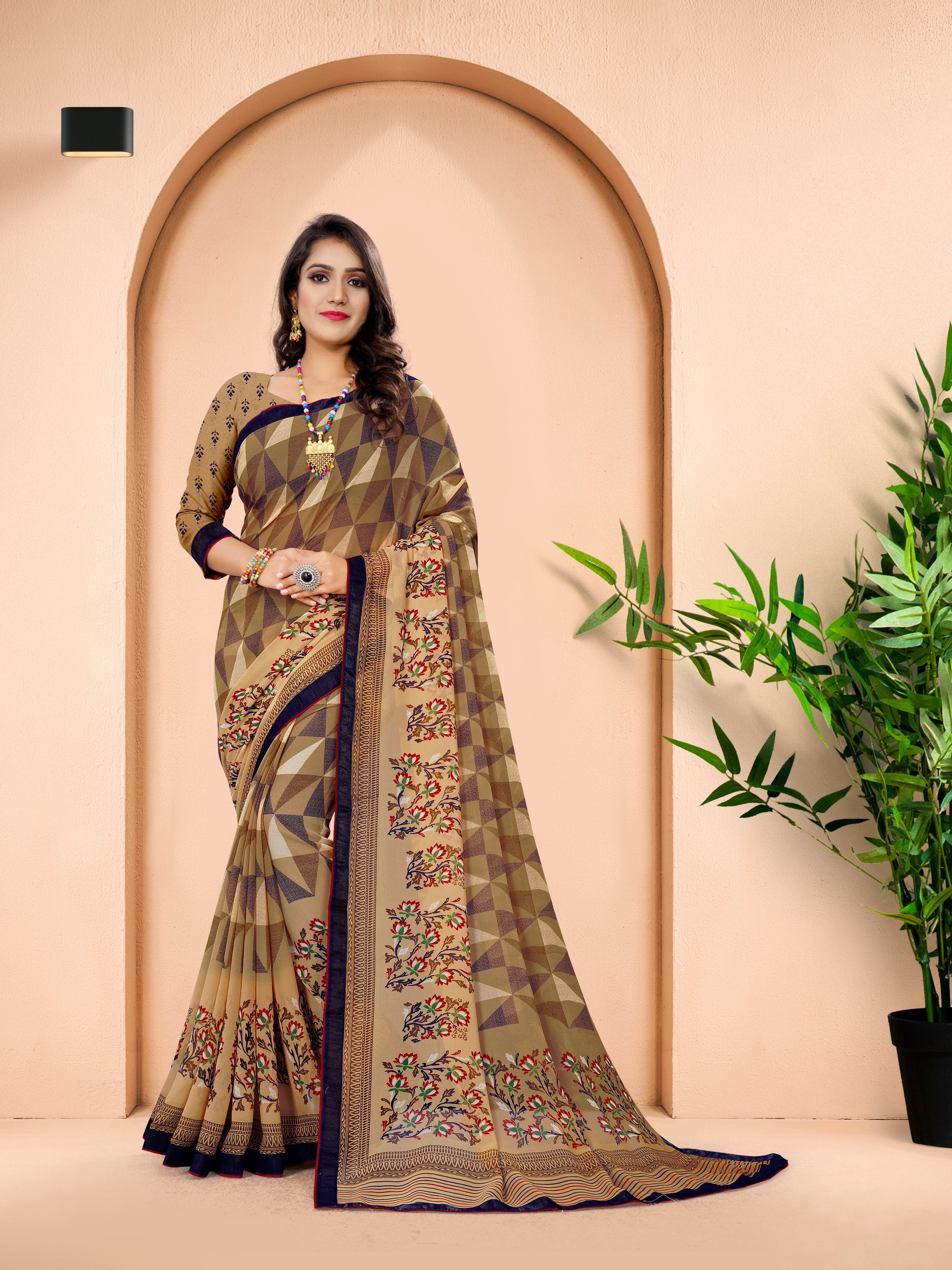 Elegant Brown Printed Saree with Floral Border