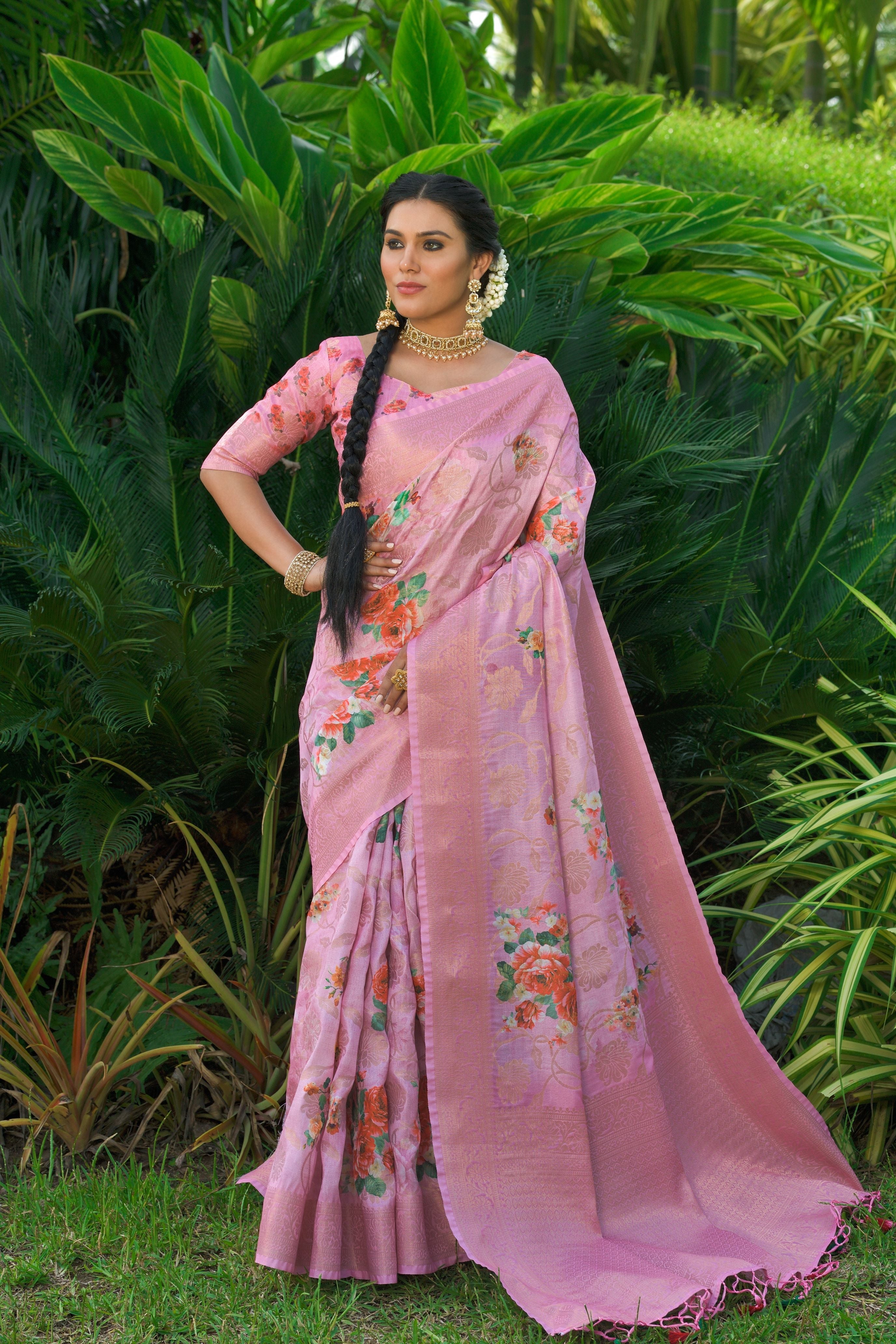 Gorgeous Pink Soft Munga Silk Saree – Heavy Wevon Designer & Digital Prints