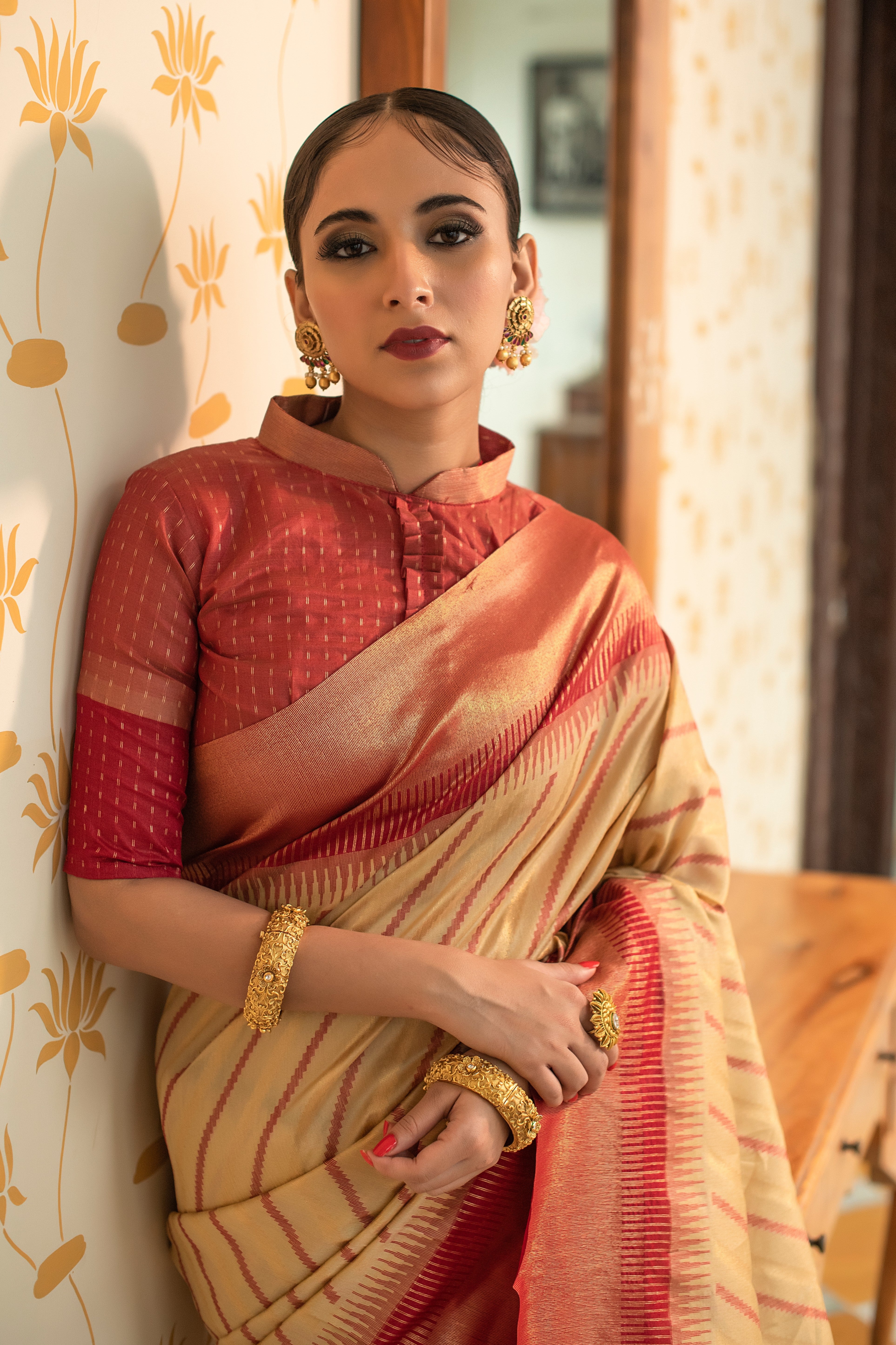 Designer Cream & Rust South Silk Saree with Wevon Ikkat Pallu