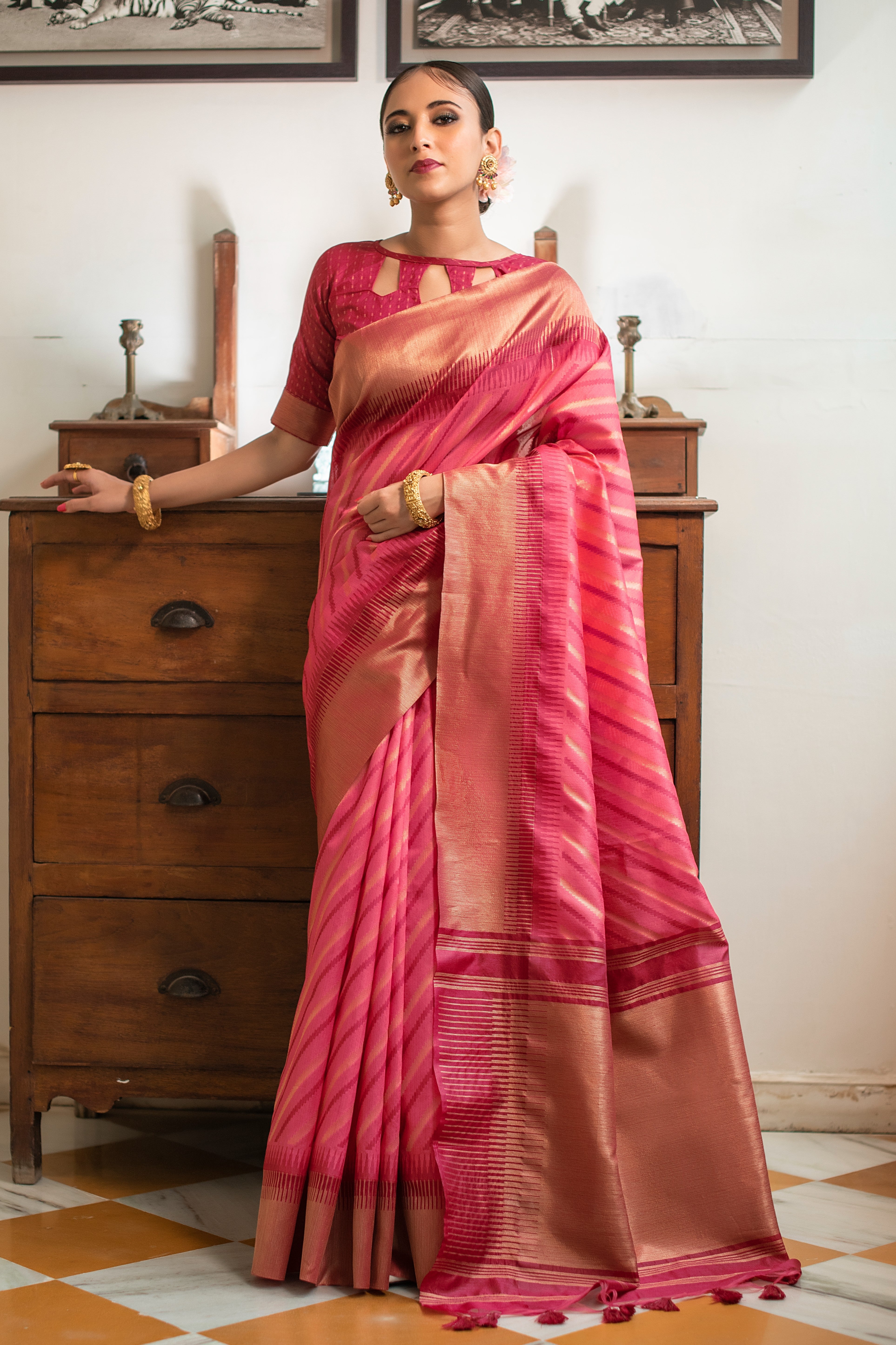 Designer Pink South Silk Saree with Wevon Ikkat Pallu