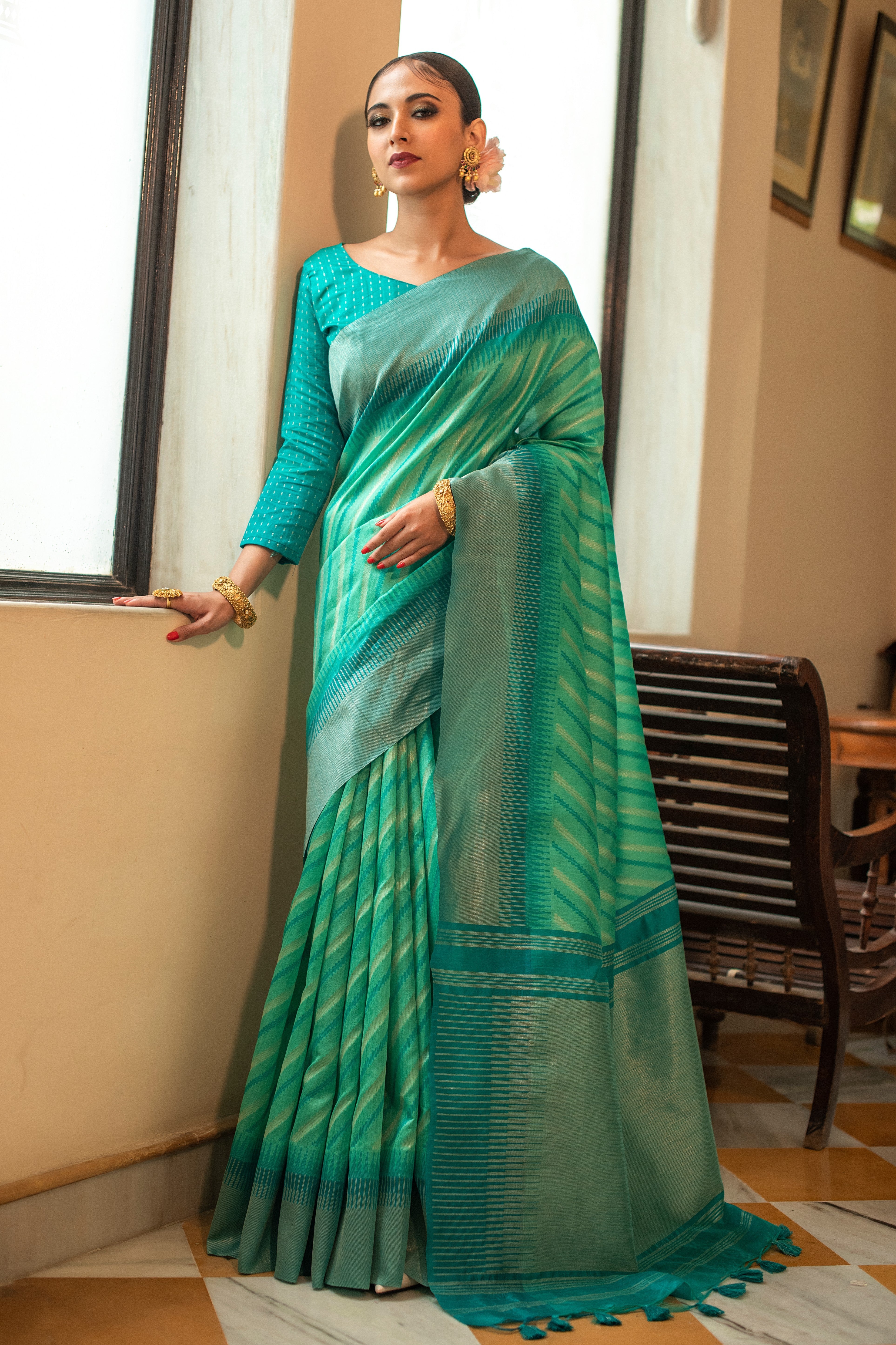 Elegant Teal South Silk Saree with Wevon Ikkat Pallu